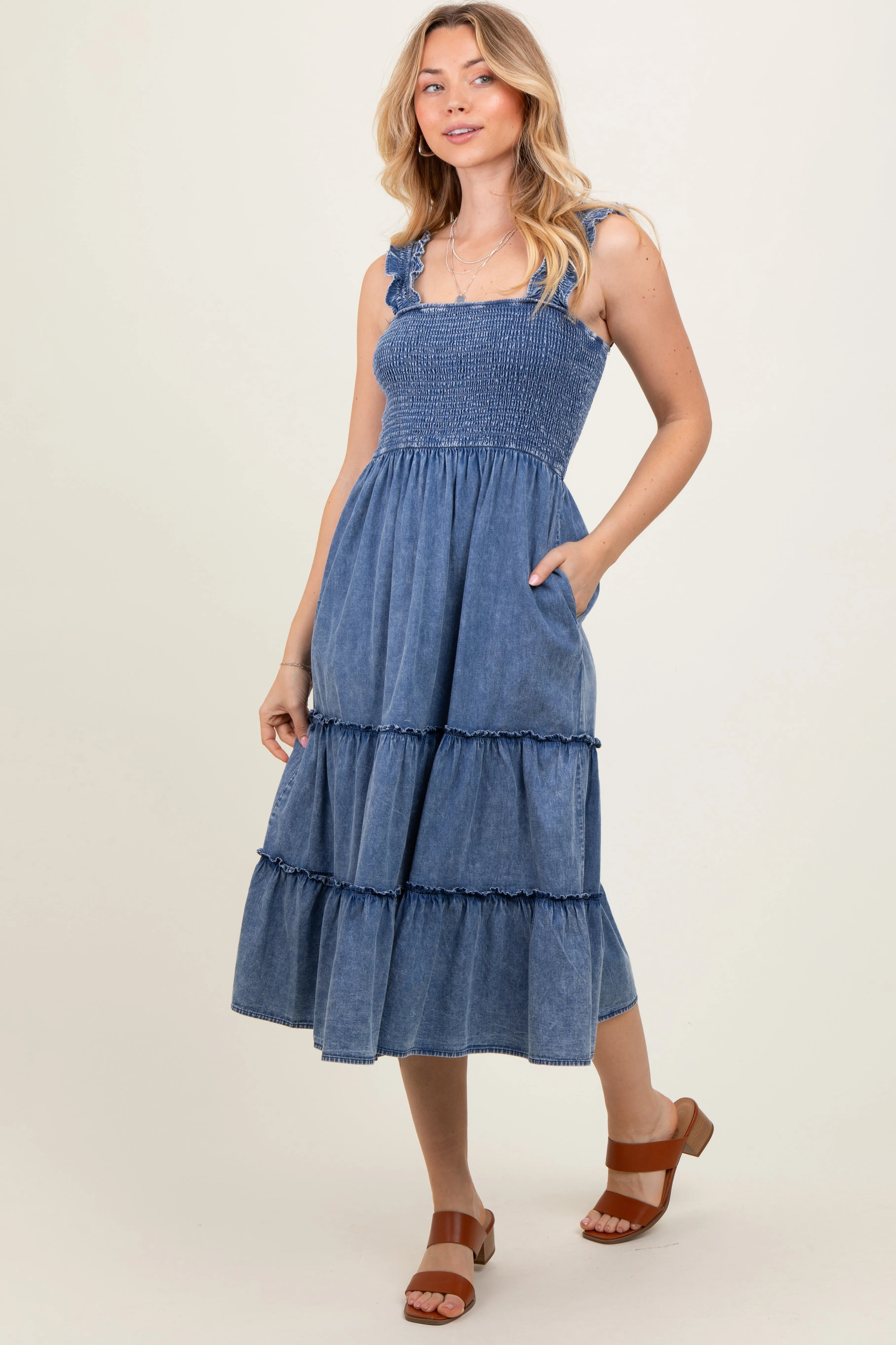 Blue Chambray Smocked Ruffle Tiered Midi Dress sold by Pinkblush product image thumbnail 3