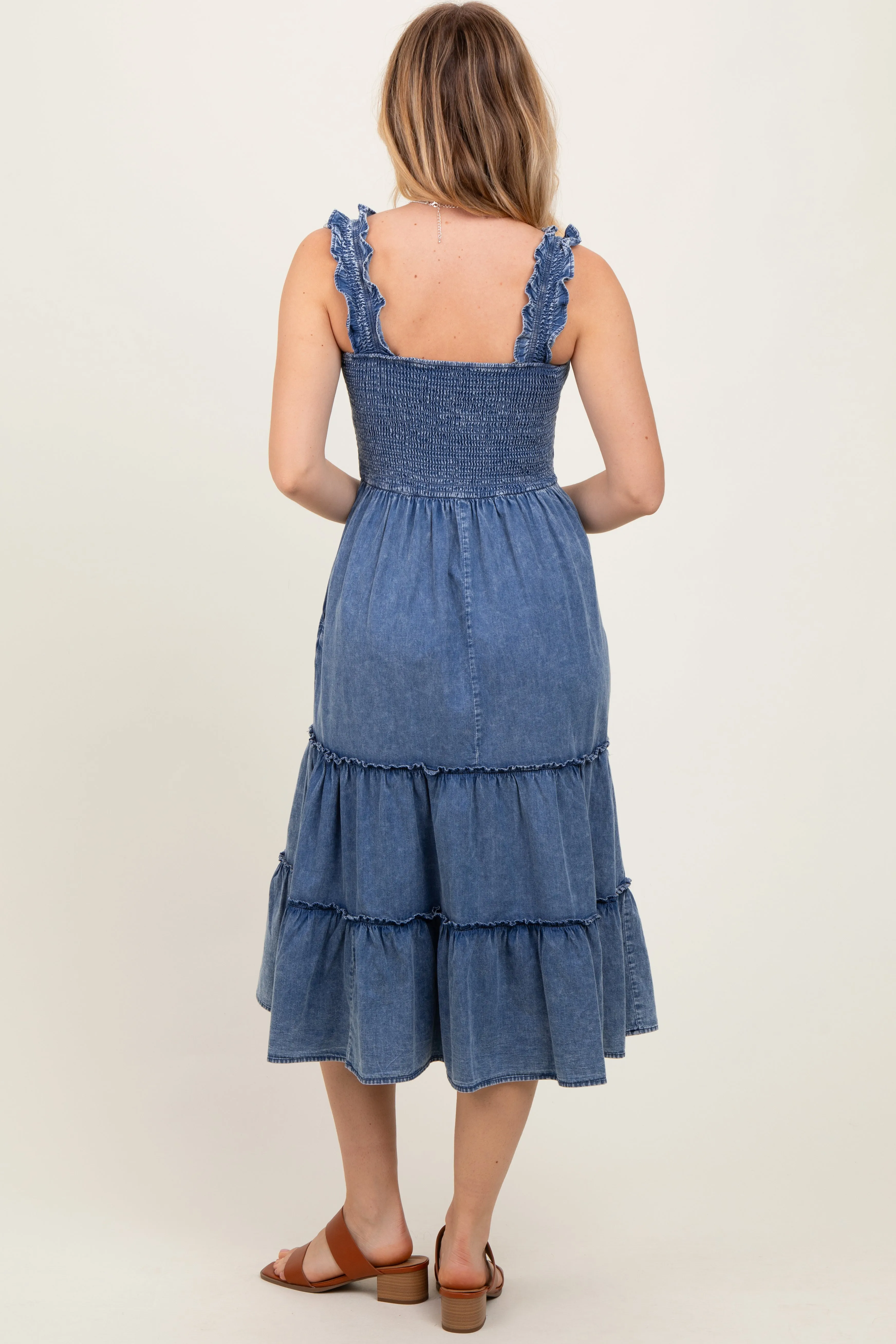 Blue Chambray Smocked Ruffle Tiered Midi Dress sold by Pinkblush product image thumbnail 4