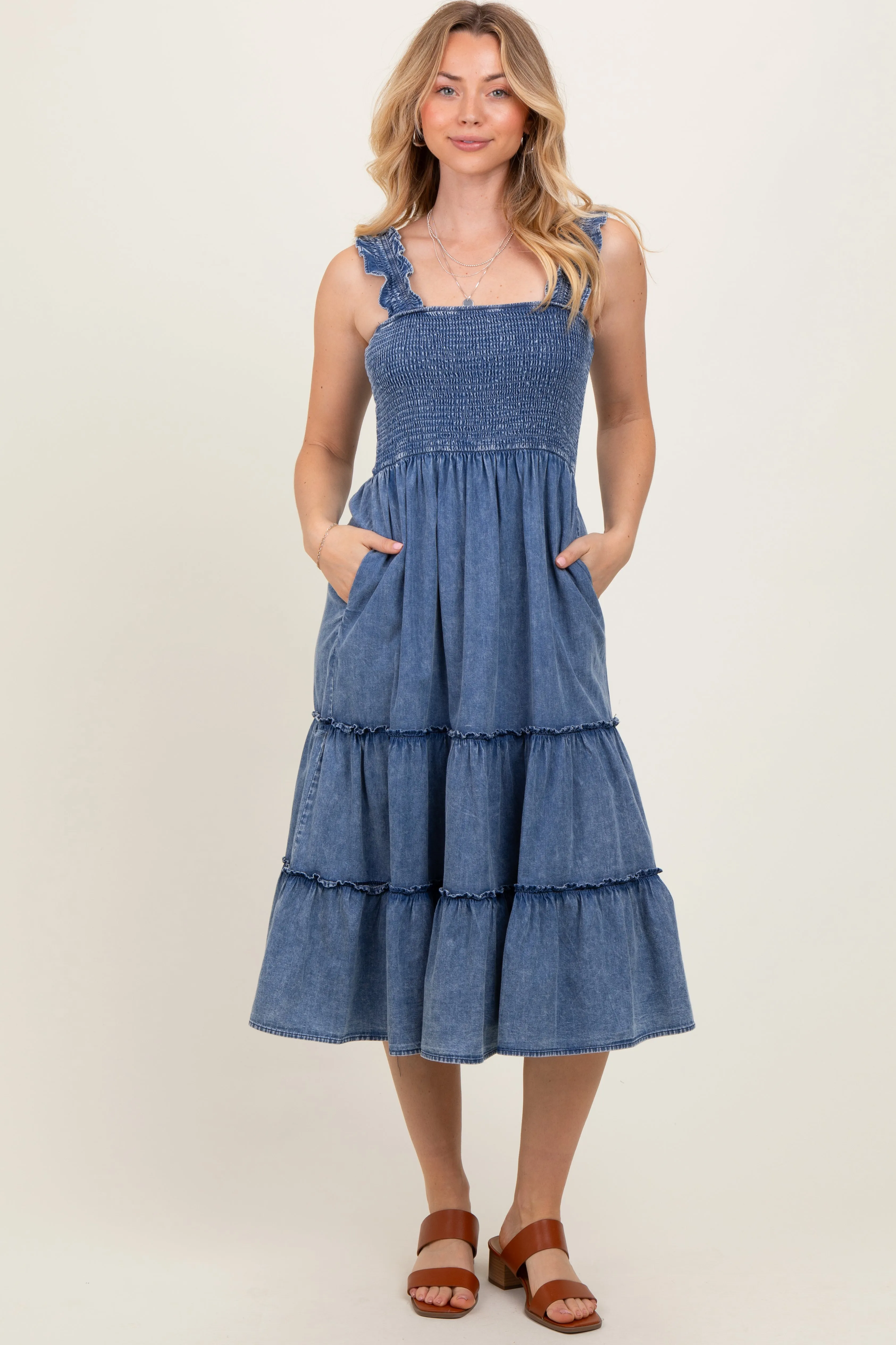 Blue Chambray Smocked Ruffle Tiered Midi Dress sold by Pinkblush