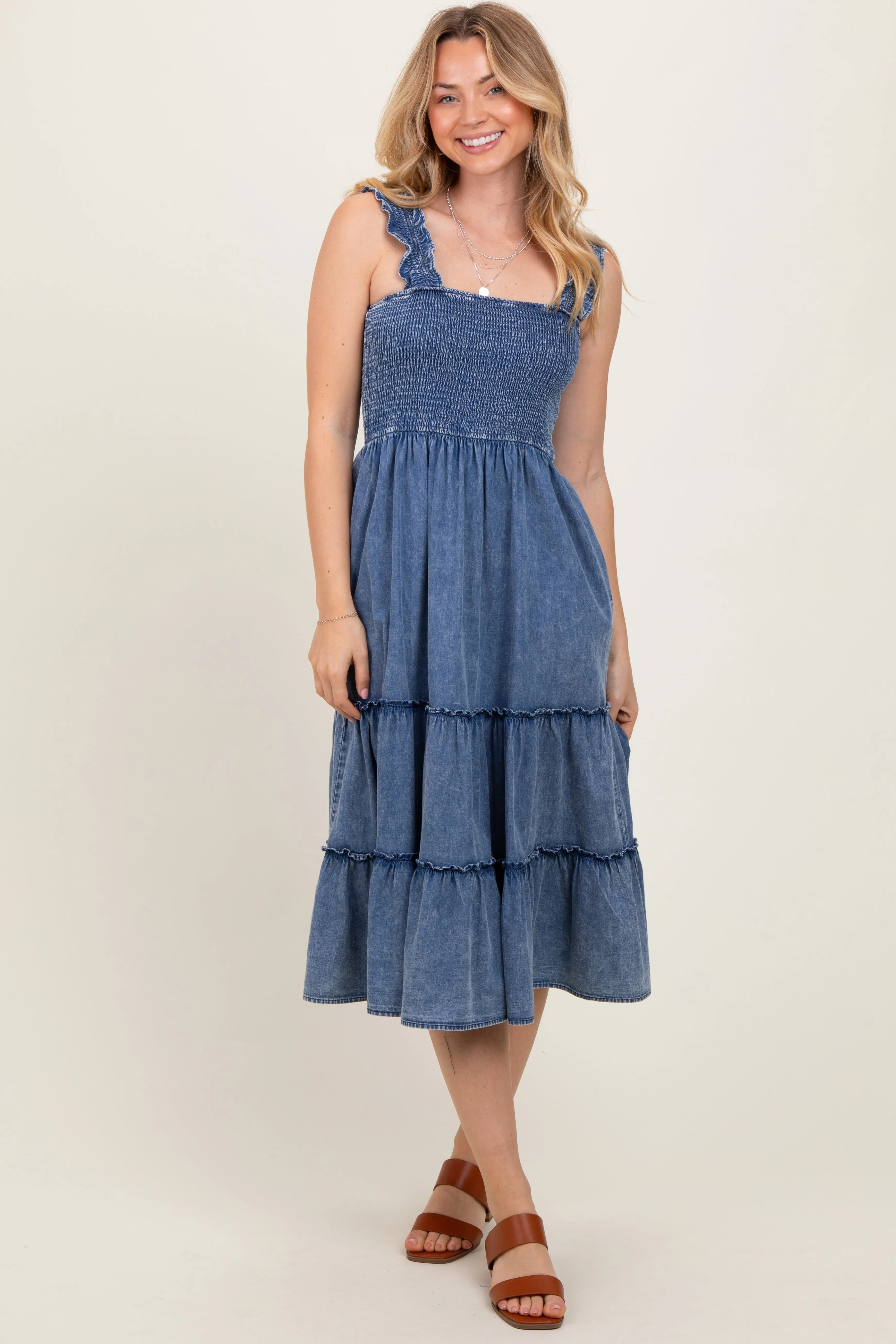Blue Chambray Smocked Ruffle Tiered Midi Dress sold by Pinkblush product image thumbnail 2