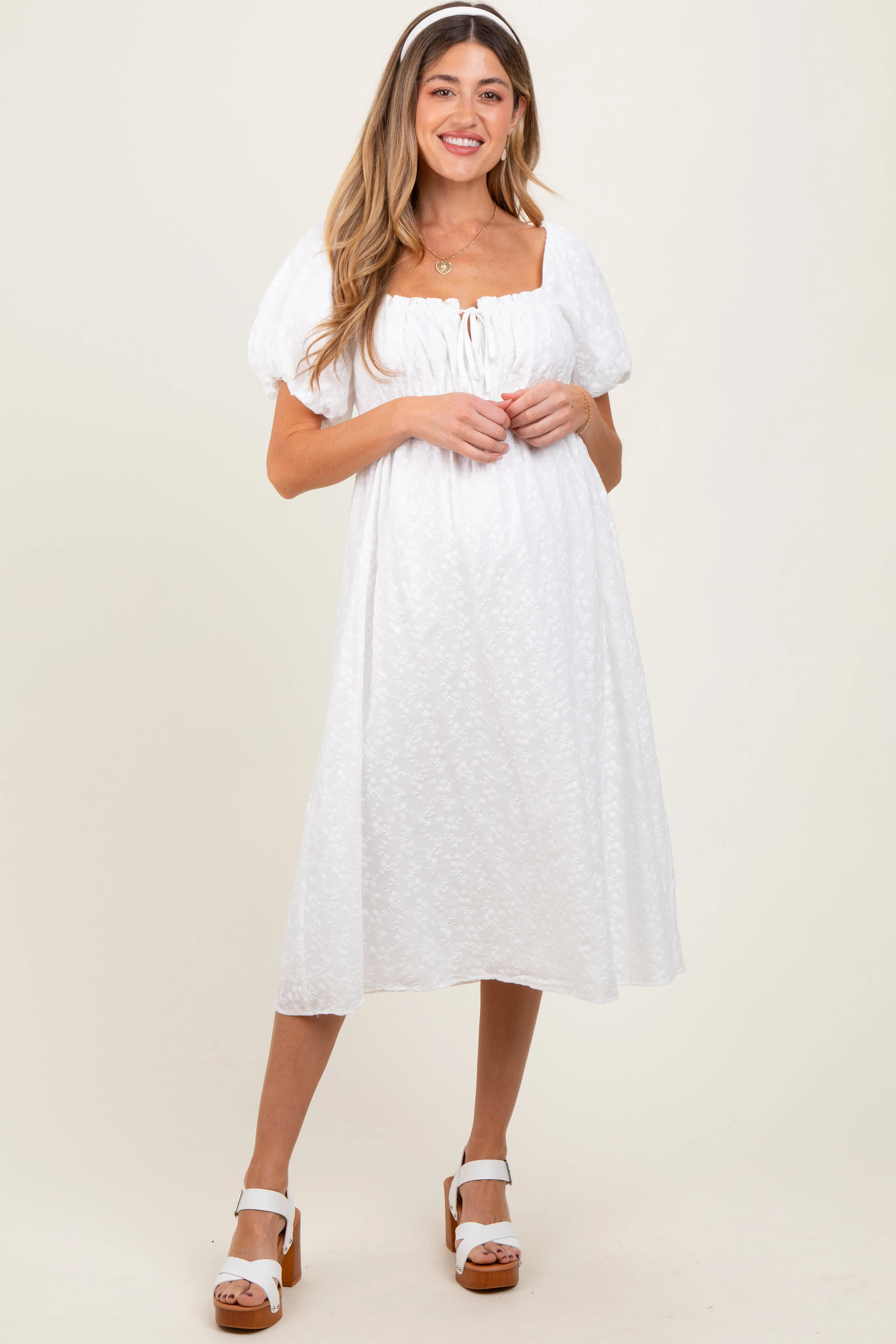 White Eyelet Lace Puff Sleeve Maternity Midi Dress sold by Pinkblush