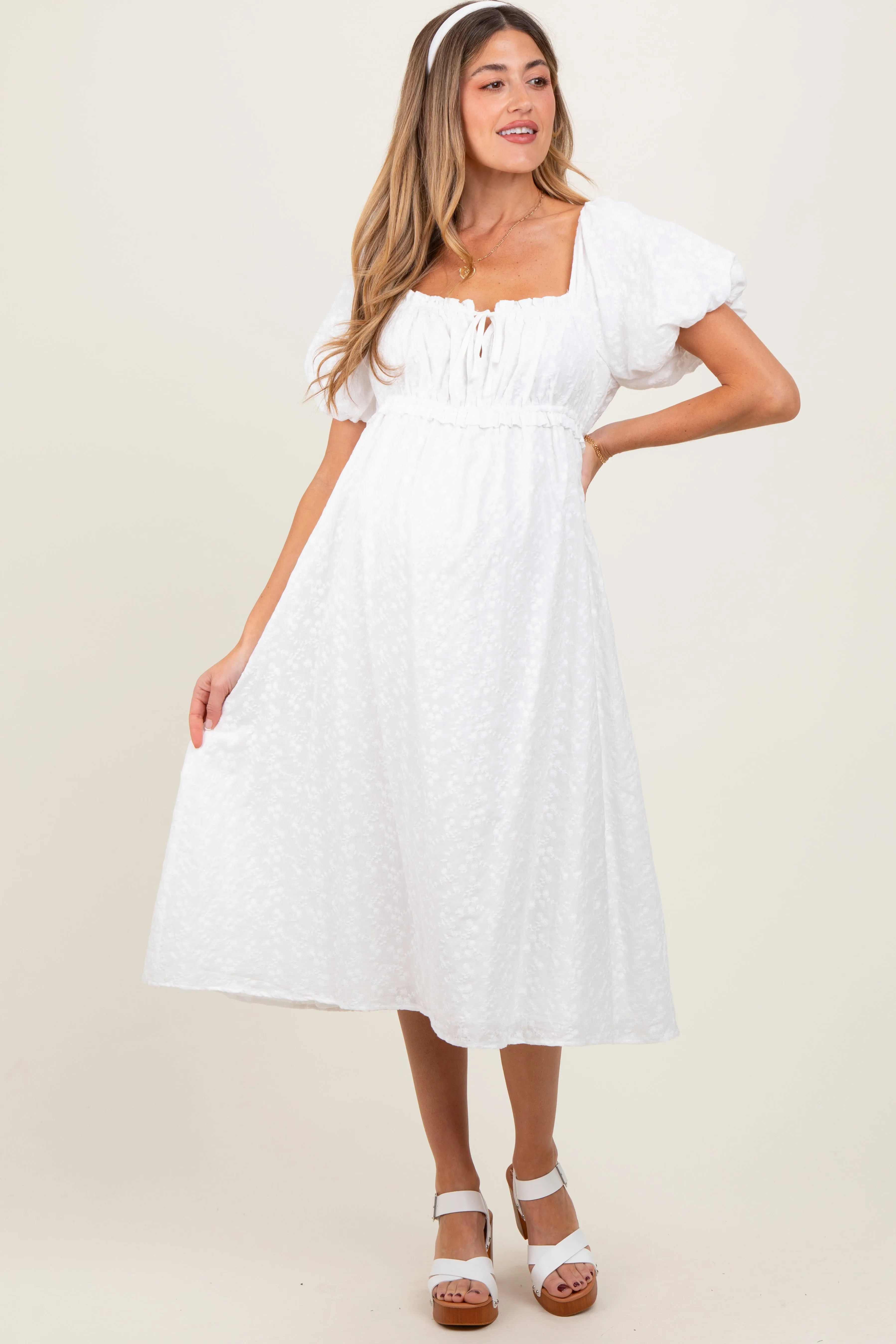 White Eyelet Lace Puff Sleeve Maternity Midi Dress sold by Pinkblush product image thumbnail 2