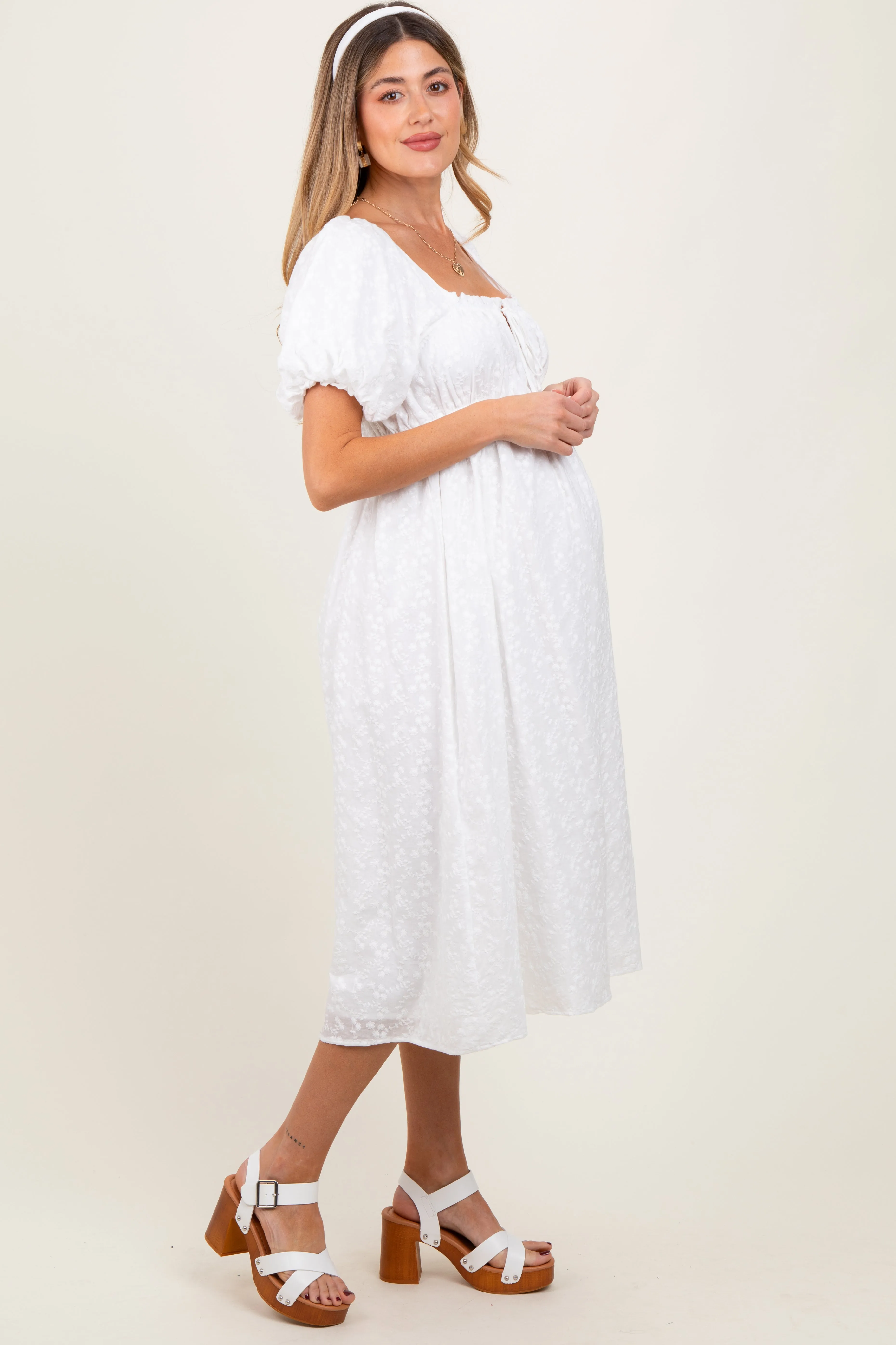 White Eyelet Lace Puff Sleeve Maternity Midi Dress sold by Pinkblush product image thumbnail 3