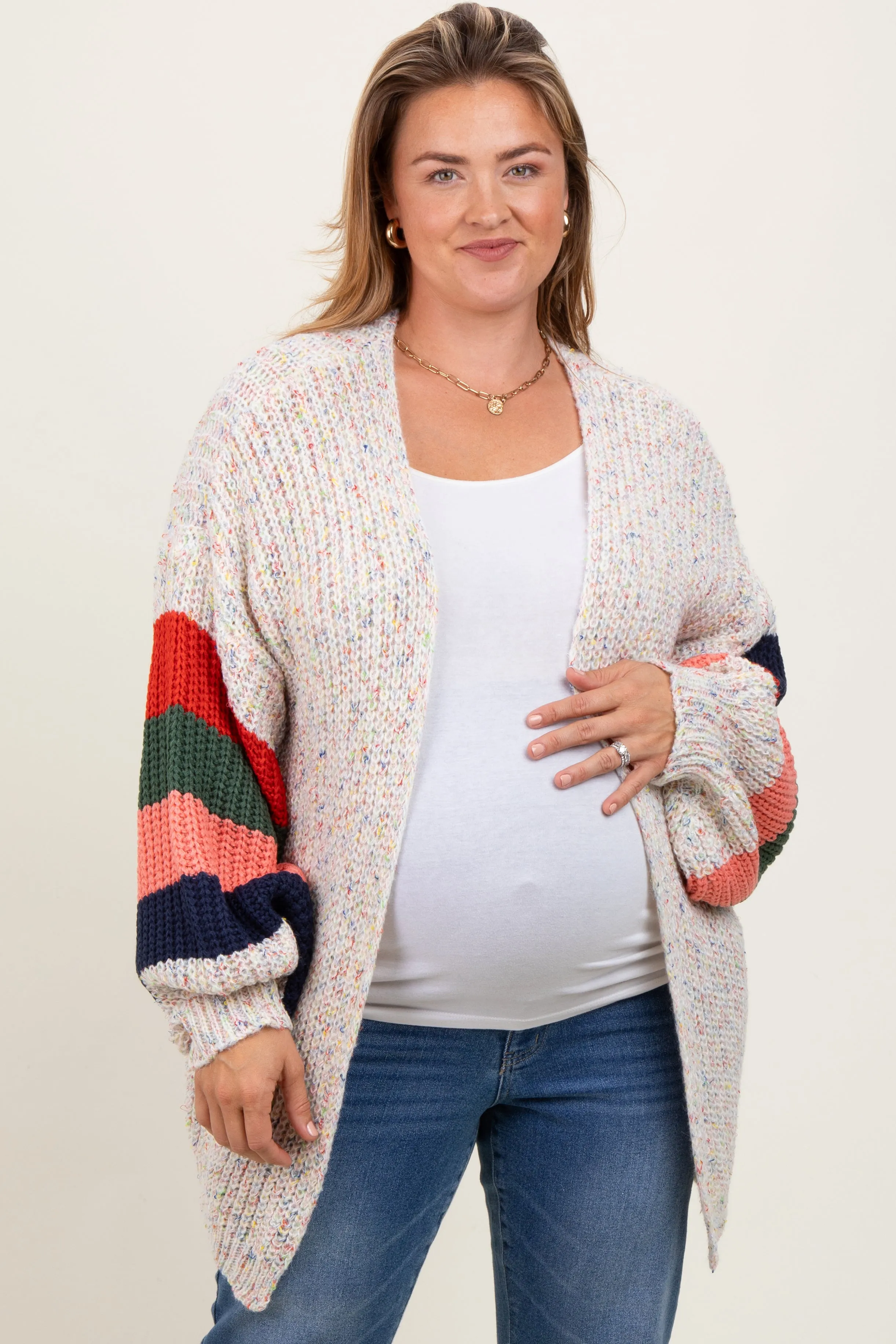 Ivory Colorblock Sleeve Chunky Maternity Plus Cardigan sold by Pinkblush