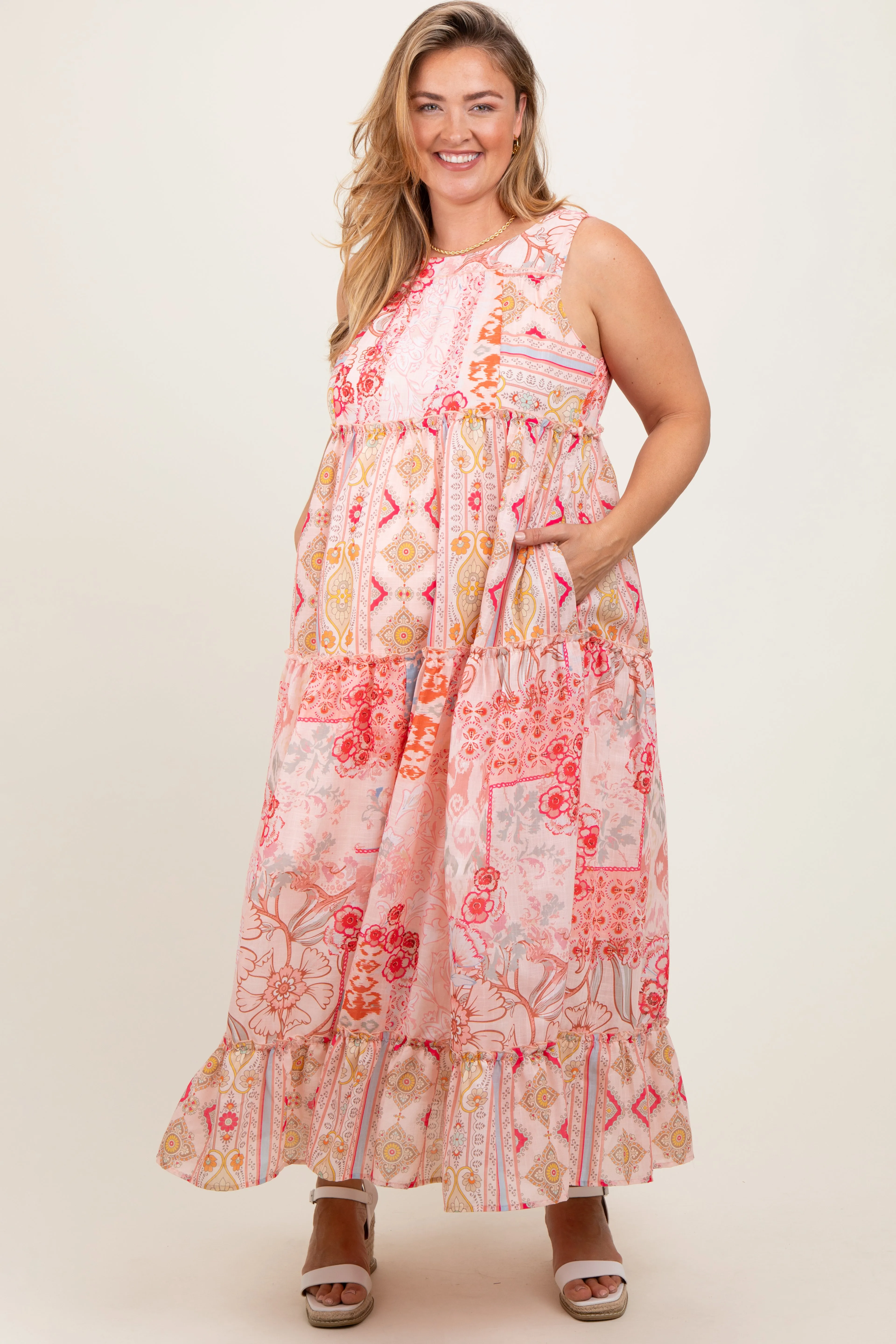 Peach Abstract Printed Plus Maternity Maxi Dress sold by Pinkblush