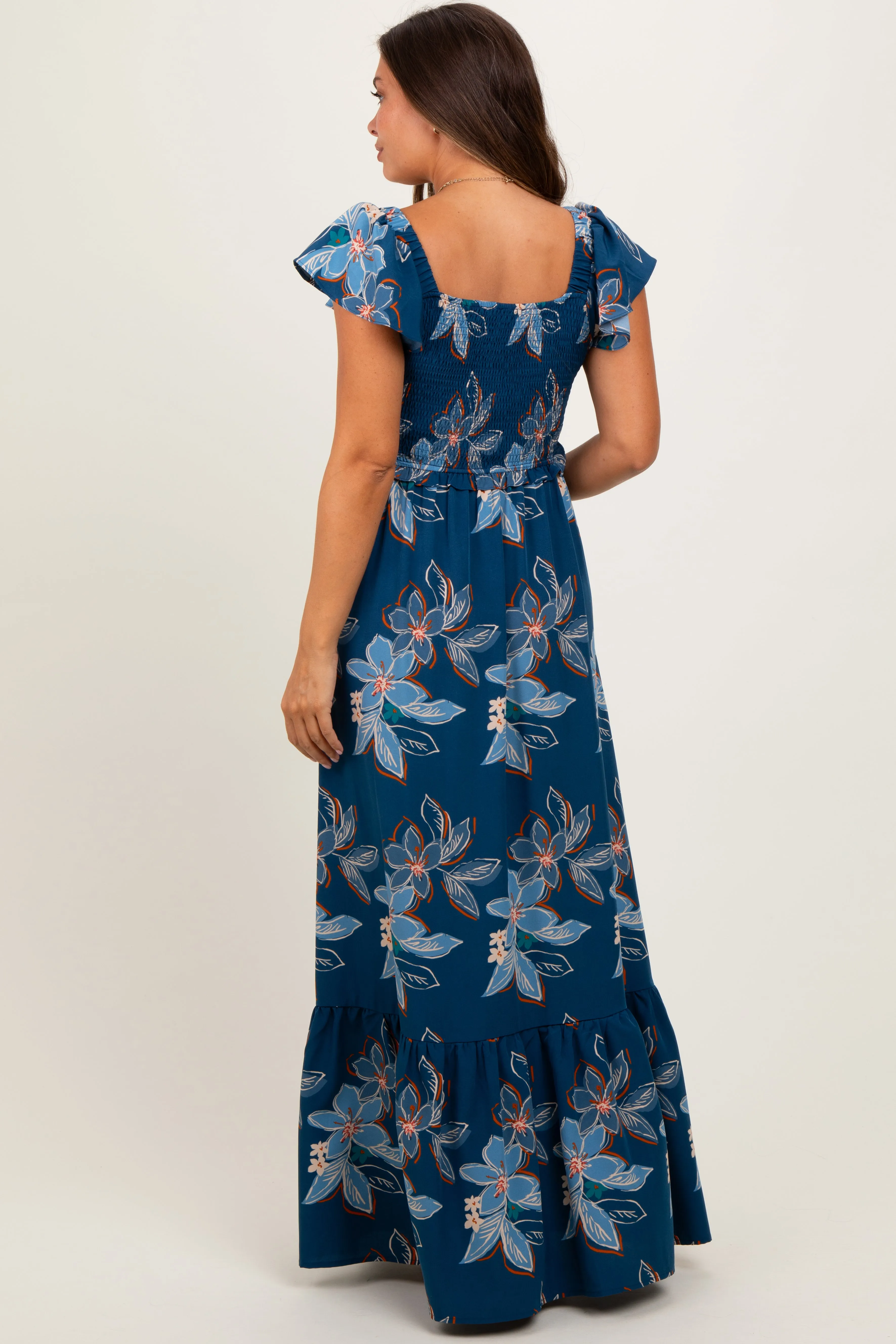 Navy Floral Smocked Cinched Top Maternity Maxi Dress sold by Pinkblush product image thumbnail 4