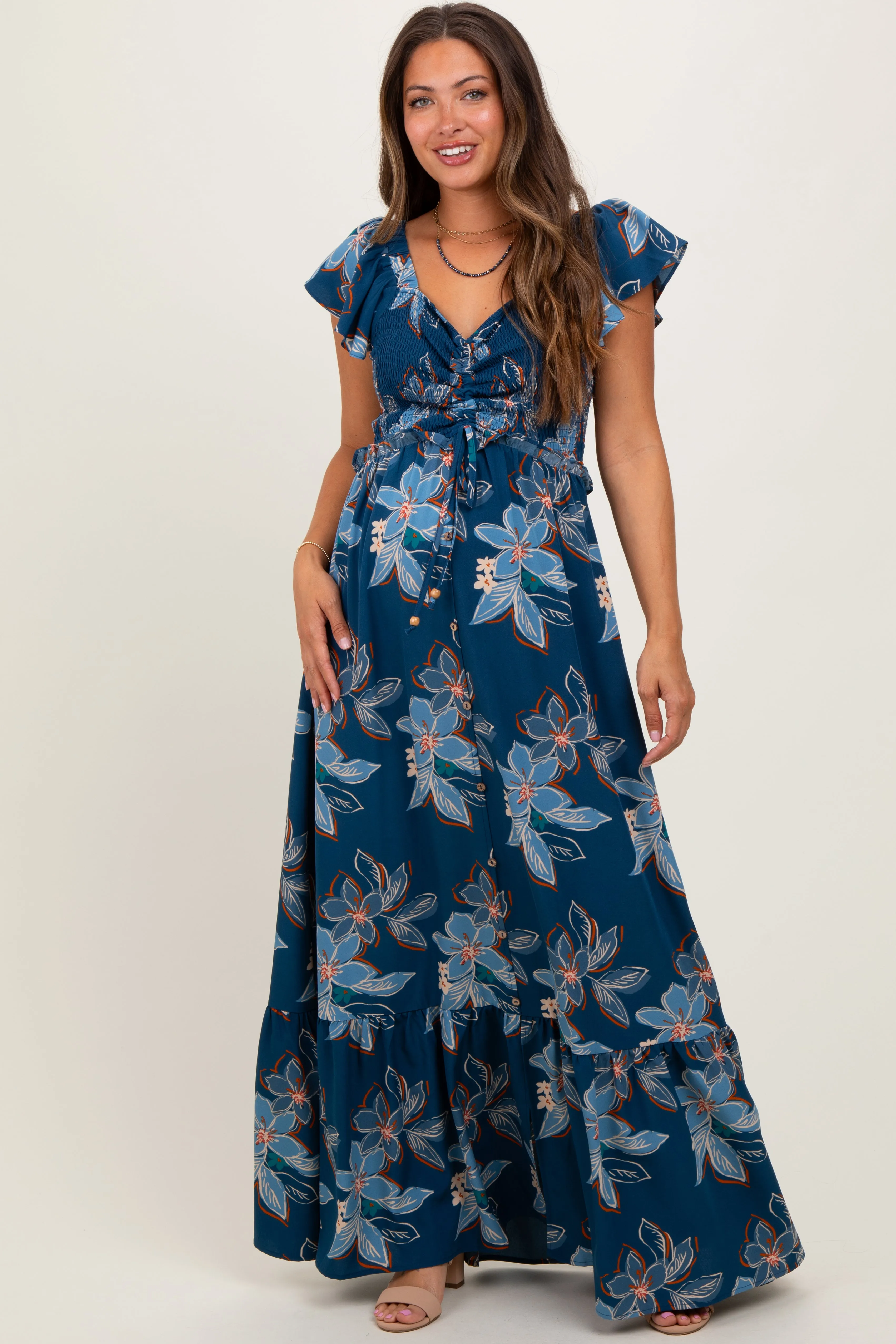 Navy Floral Smocked Cinched Top Maternity Maxi Dress sold by Pinkblush