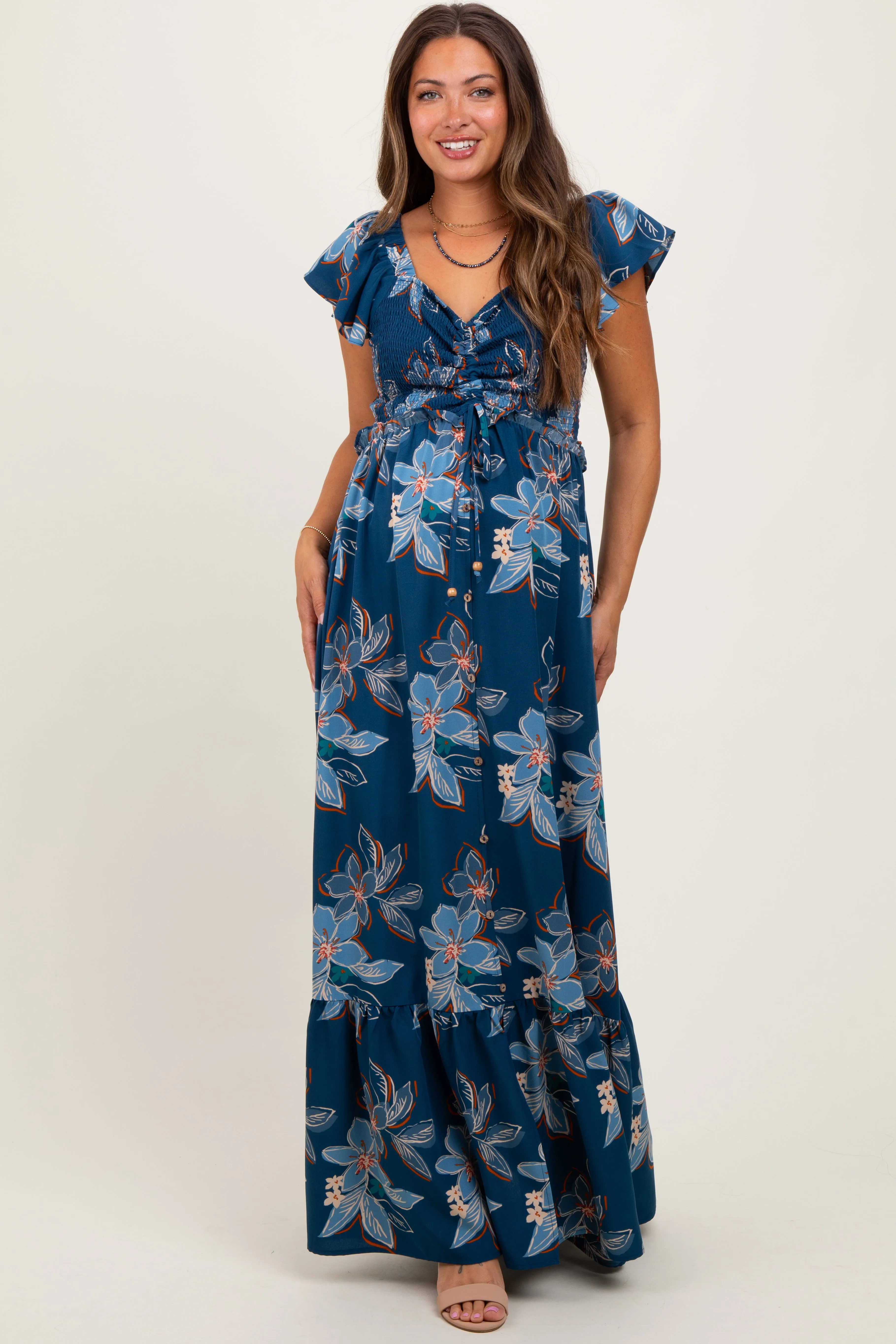Navy Floral Smocked Cinched Top Maternity Maxi Dress sold by Pinkblush product image thumbnail 2