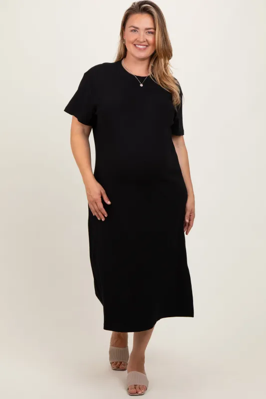 Black Short Sleeve Side Slit Maternity Plus T-Shirt Midi Dress sold by Pinkblush