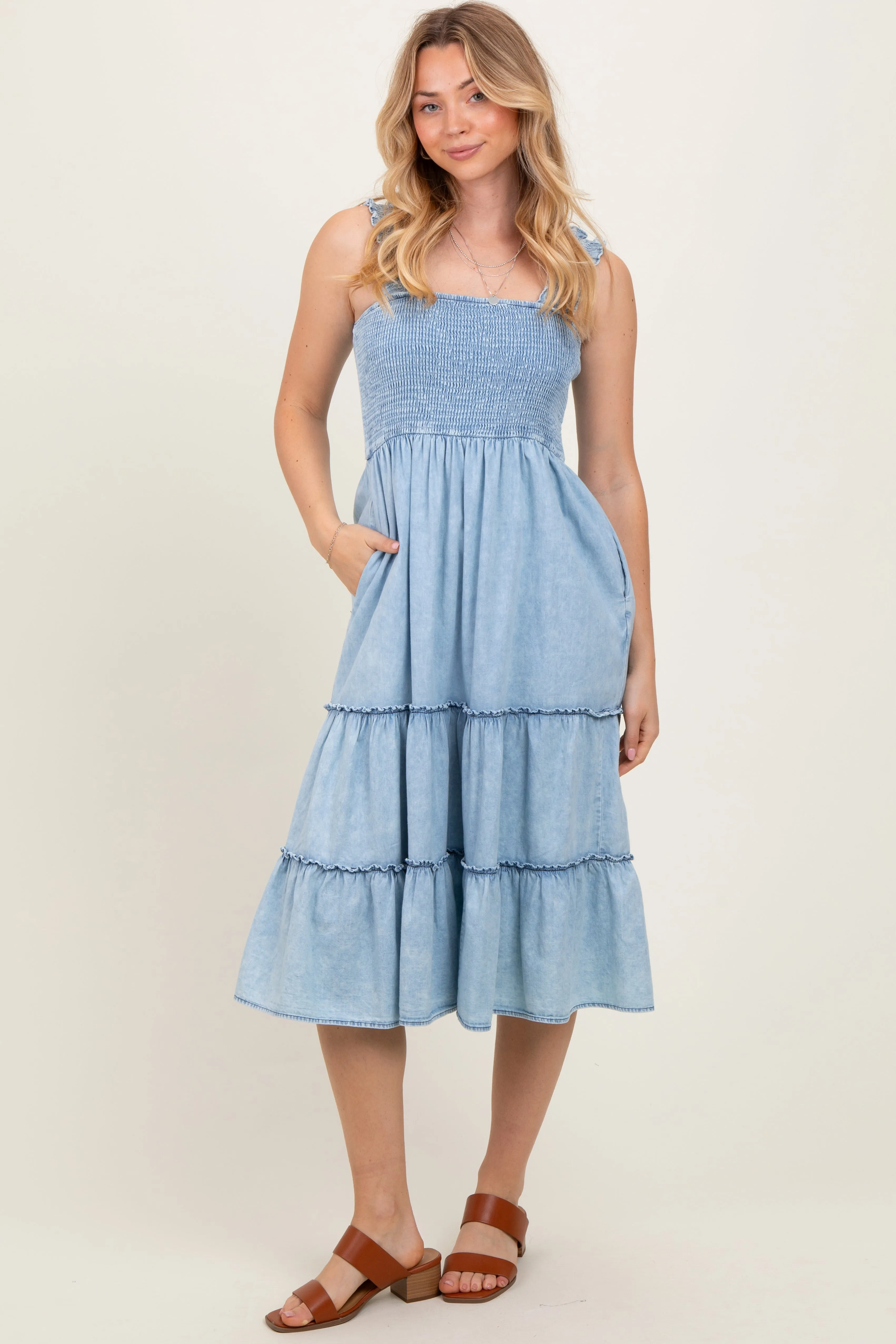 Light Blue Chambray Smocked Ruffle Tiered Midi Dress sold by Pinkblush