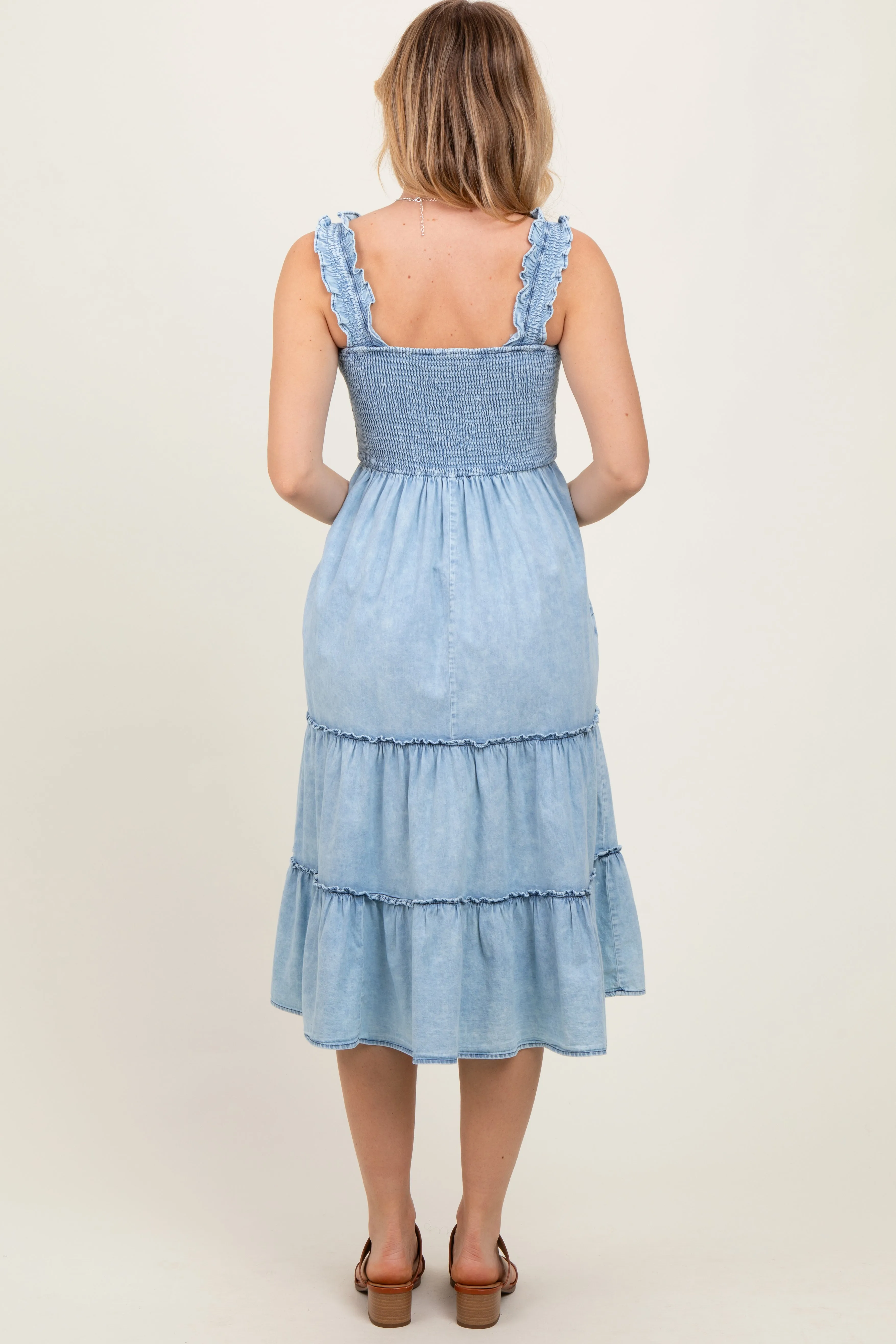 Light Blue Chambray Smocked Ruffle Tiered Midi Dress sold by Pinkblush product image thumbnail 4