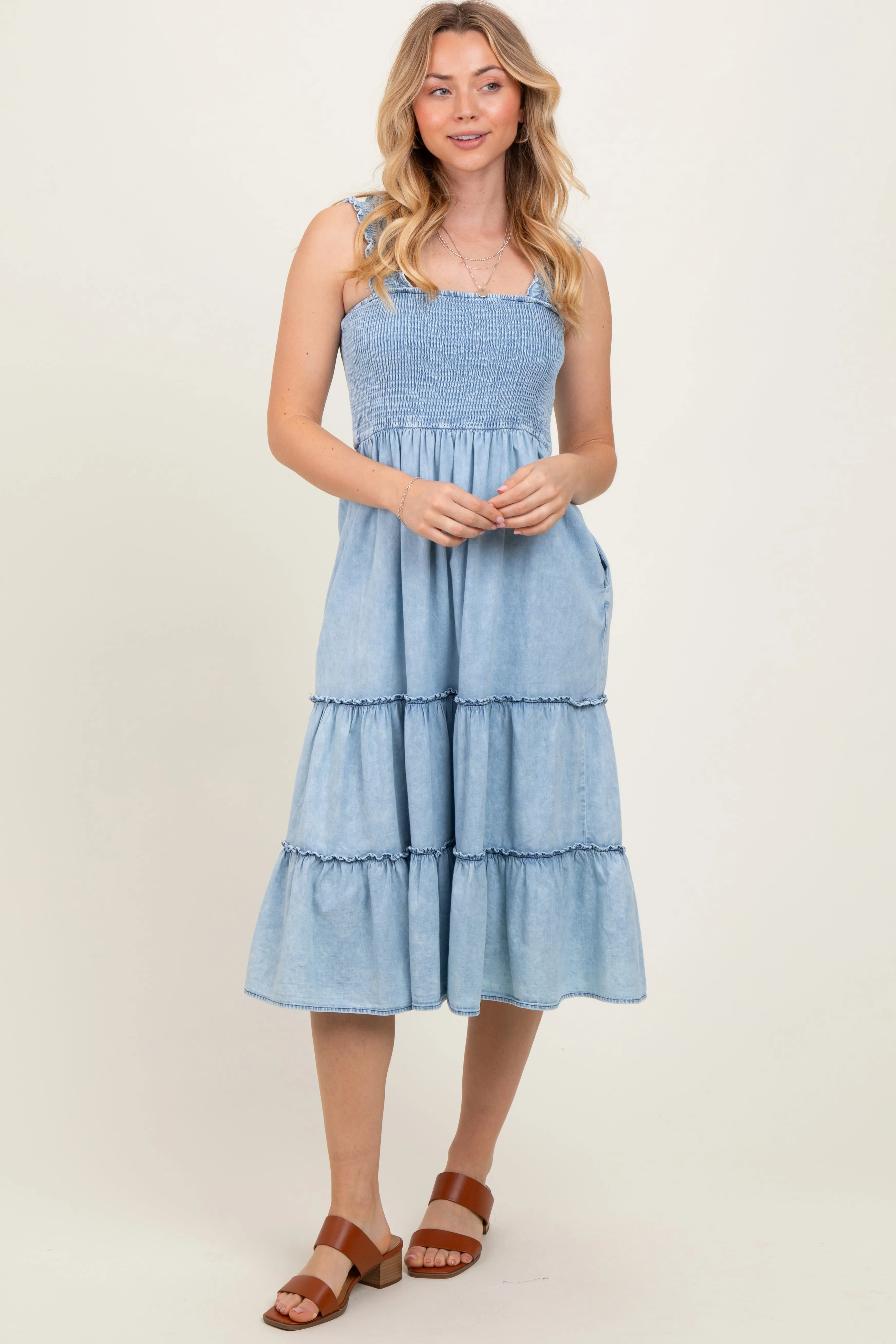 Light Blue Chambray Smocked Ruffle Tiered Midi Dress sold by Pinkblush product image thumbnail 2