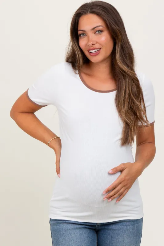 Ivory Solid Ribbed Short Sleeve Basic Maternity Top sold by Pinkblush