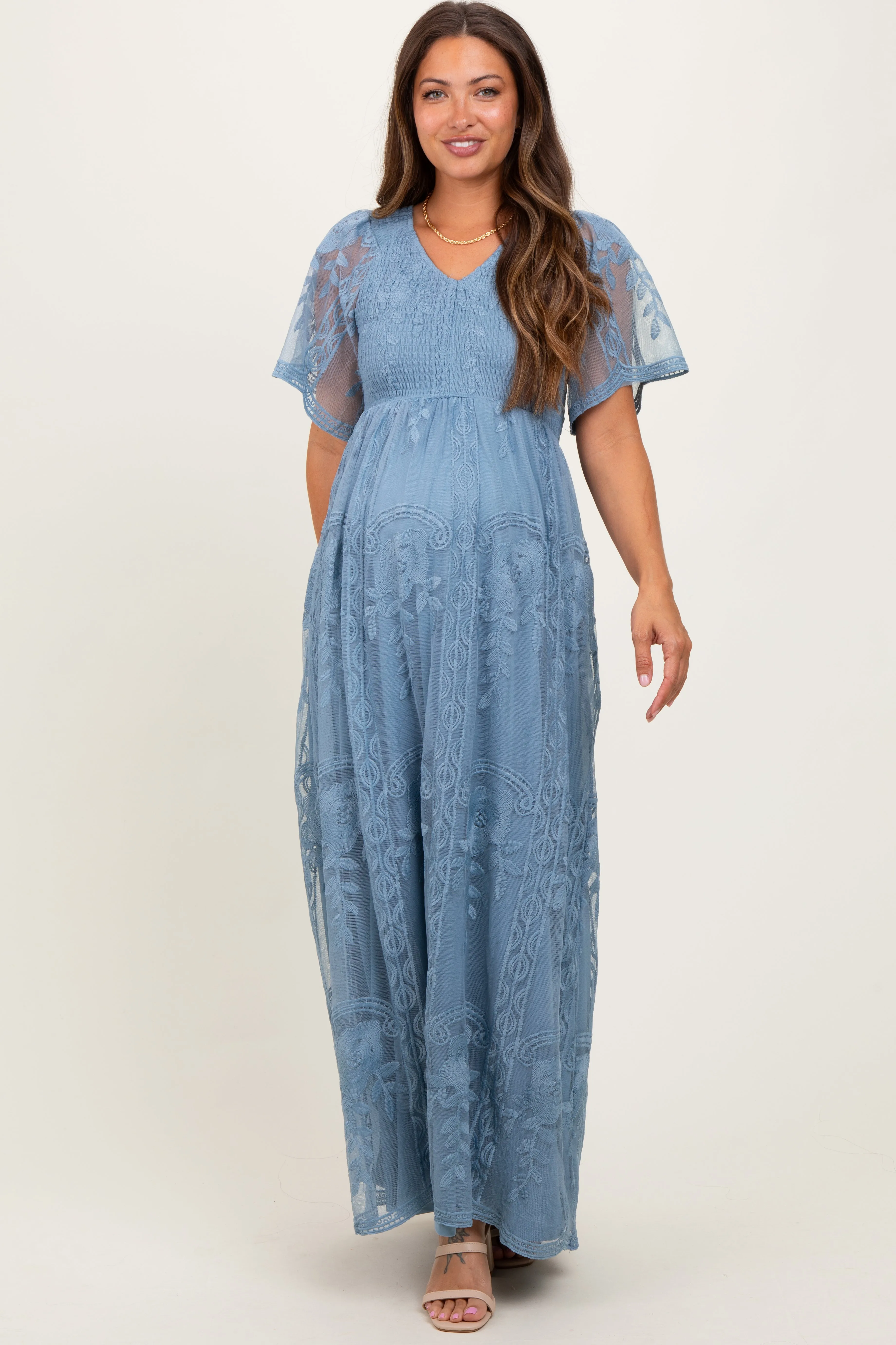 Blue Smocked Top Lace Maternity Maxi Dress sold by Pinkblush product image thumbnail 2