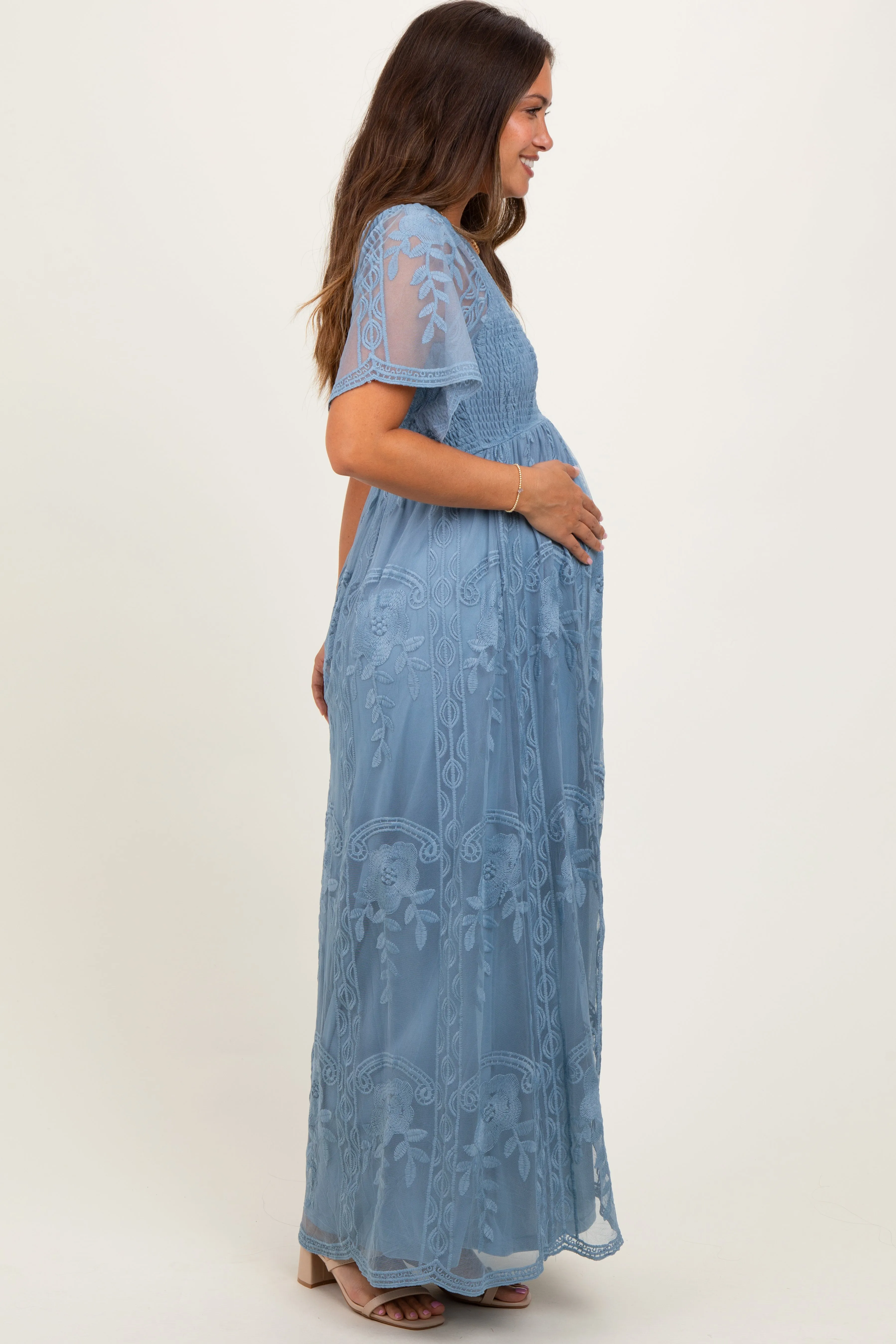 Blue Smocked Top Lace Maternity Maxi Dress sold by Pinkblush product image thumbnail 3
