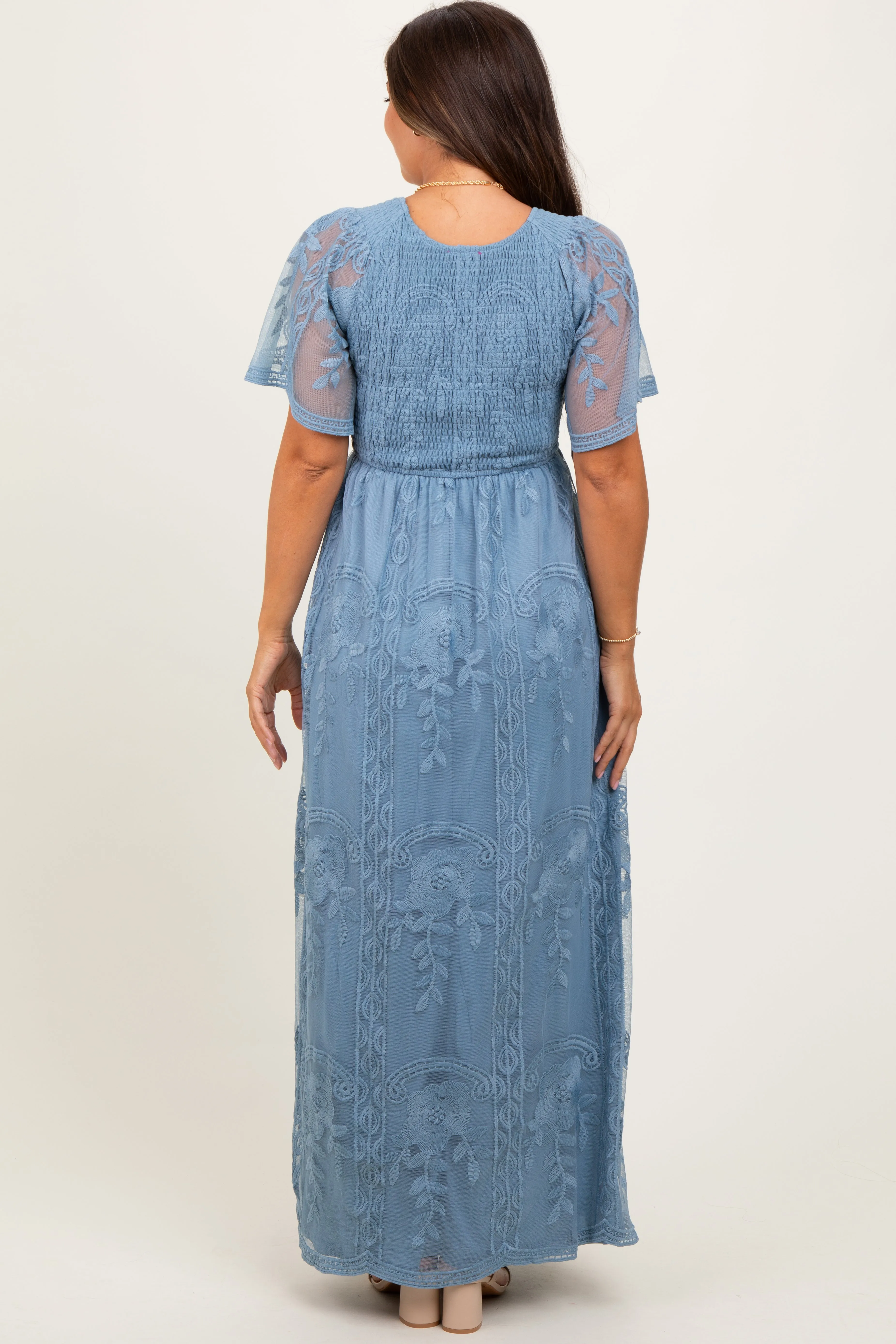 Blue Smocked Top Lace Maternity Maxi Dress sold by Pinkblush product image thumbnail 4