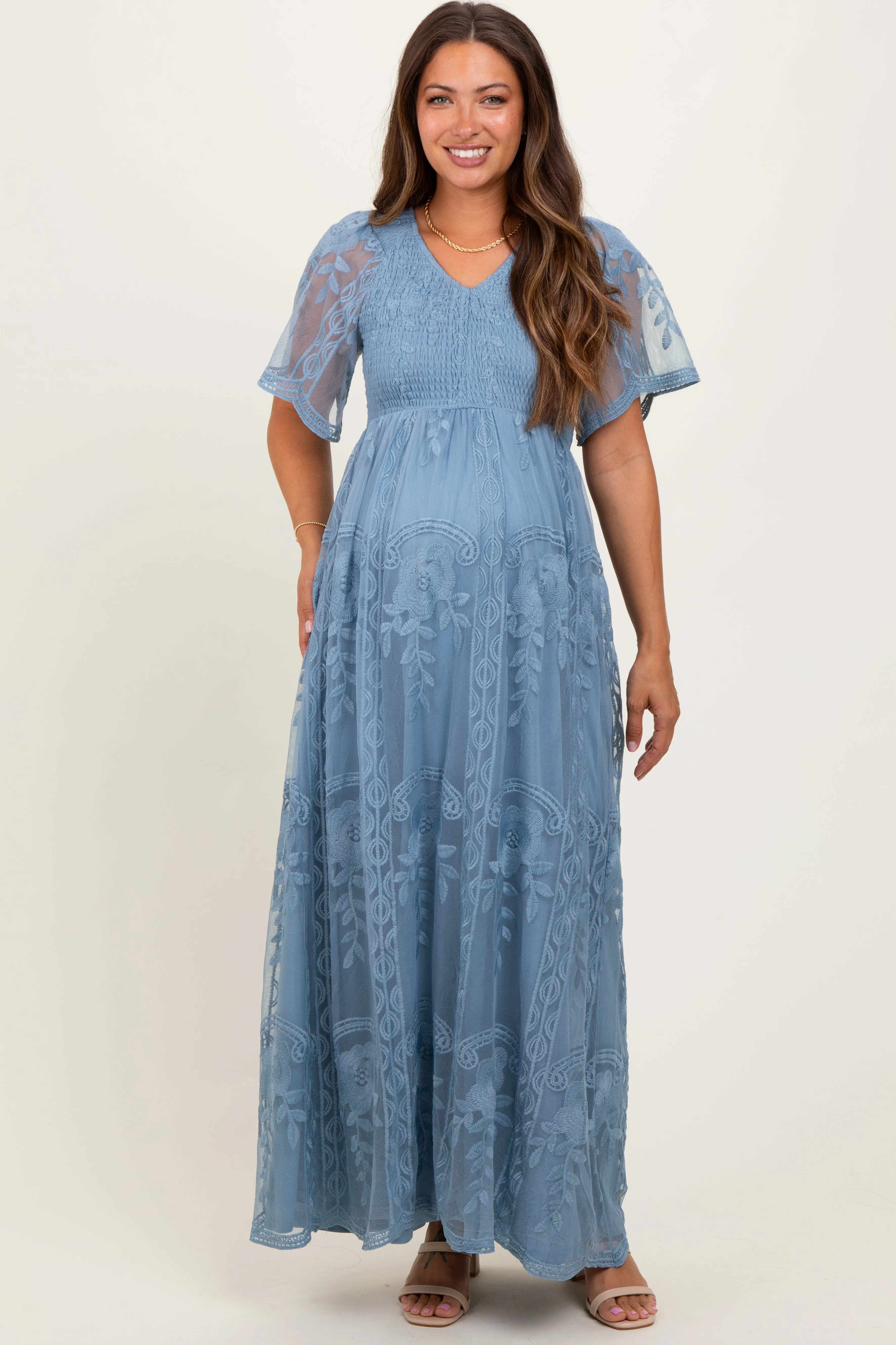 Blue Smocked Top Lace Maternity Maxi Dress sold by Pinkblush