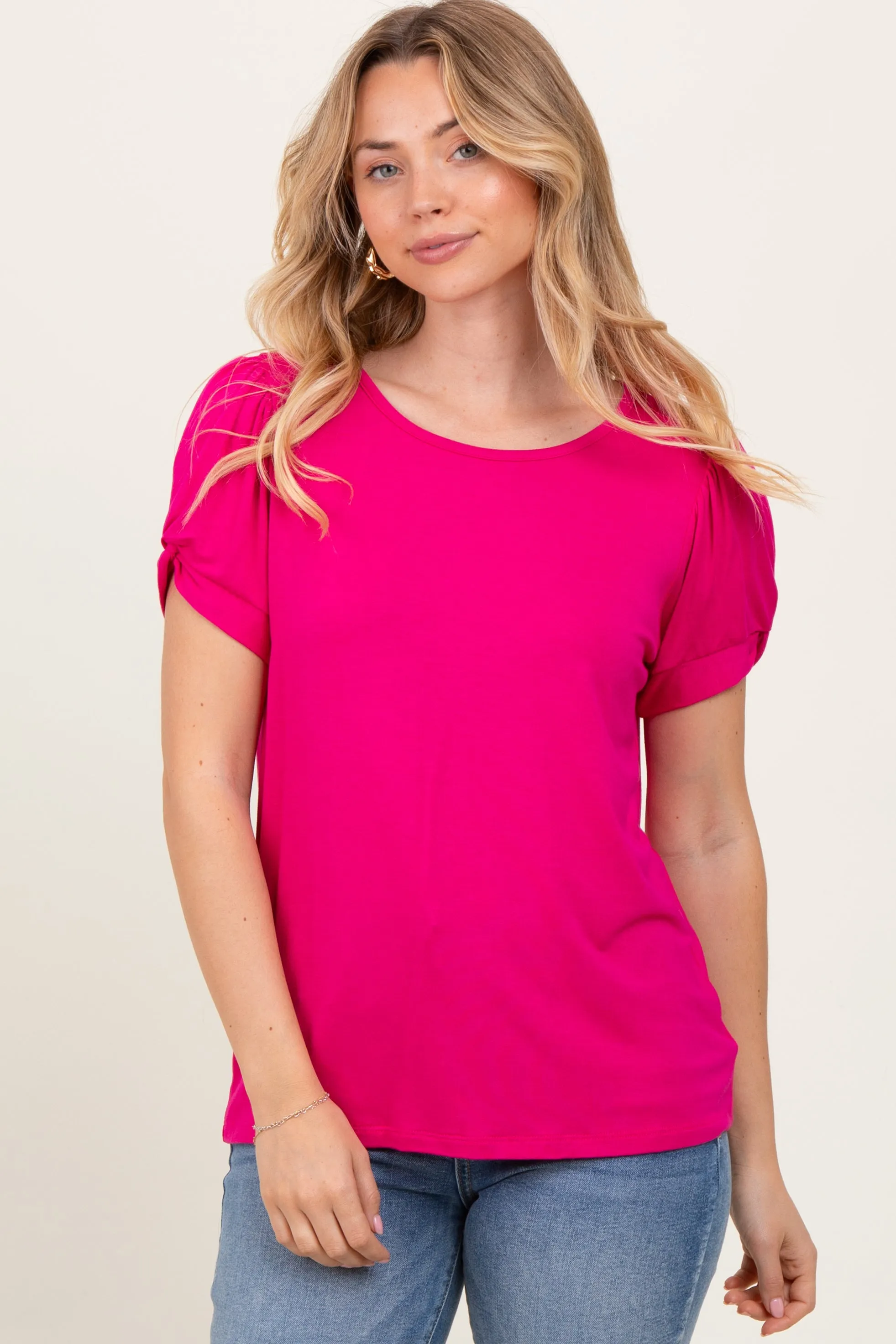 Fuchsia Basic Crew Neck Puff Sleeve Top sold by Pinkblush product image thumbnail 2
