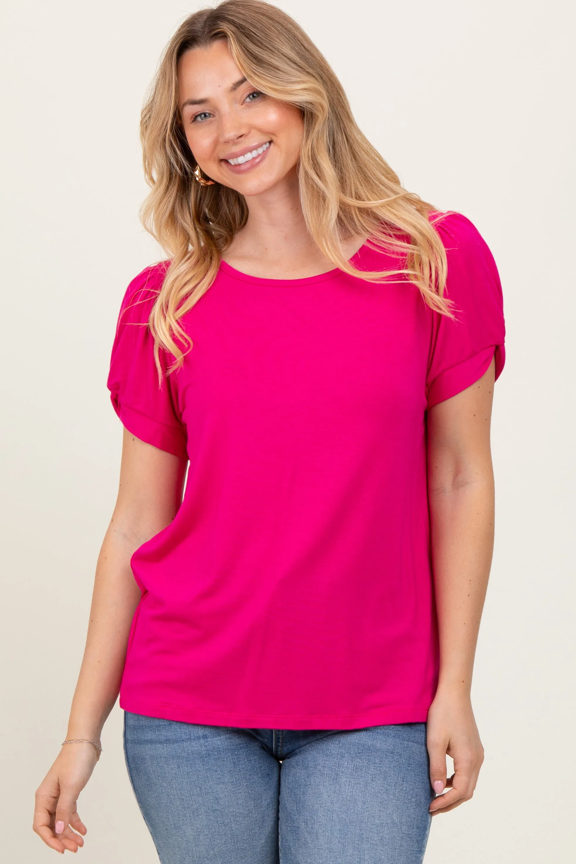 Fuchsia Basic Crew Neck Puff Sleeve Top sold by Pinkblush