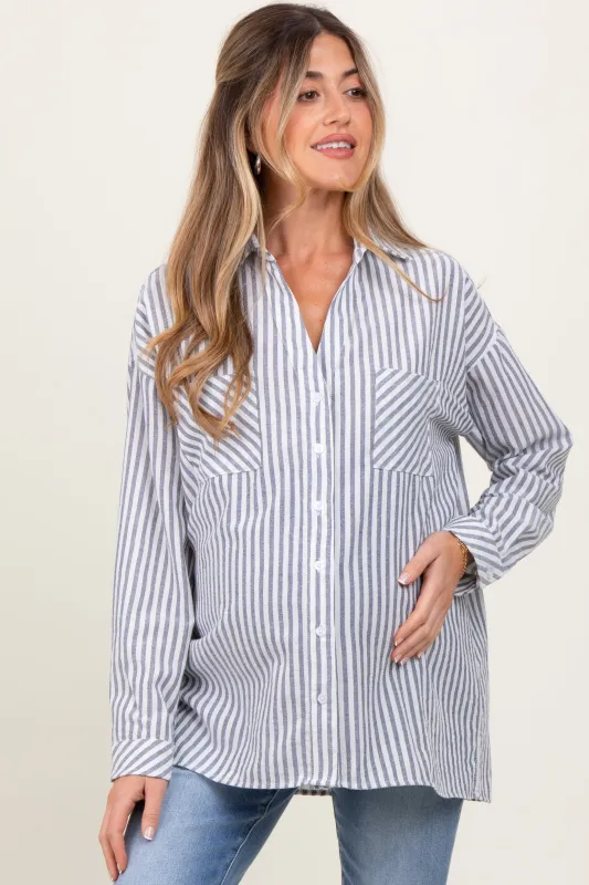 Navy Striped Double Pocket Maternity Button Down Top sold by Pinkblush