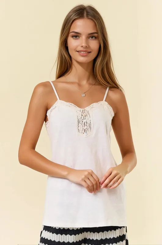 White Crochet Lace Button Detail Tank sold by Pinkblush