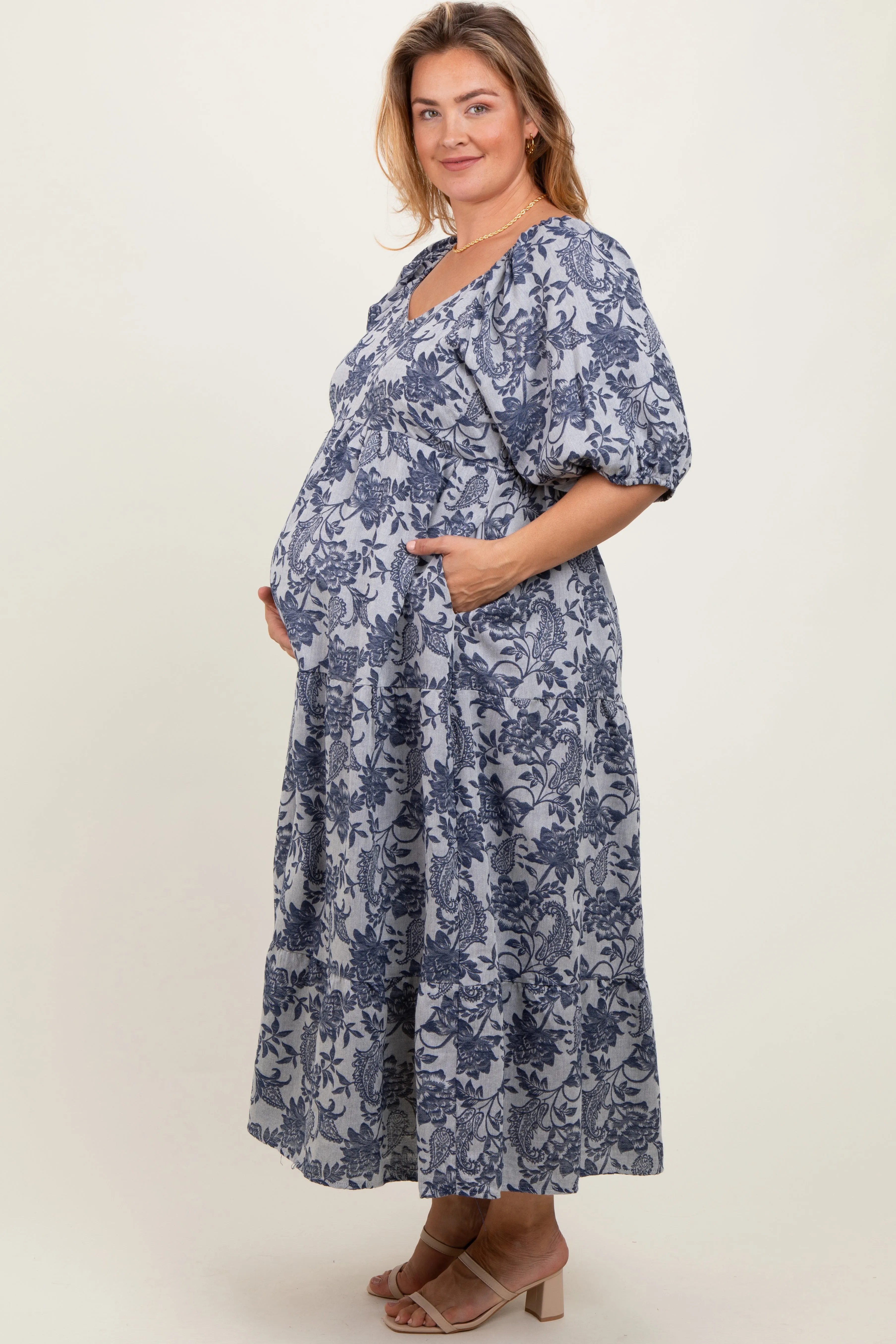 Navy Floral Tiered Puff Sleeve Maternity Plus Midi Dress sold by Pinkblush product image thumbnail 3
