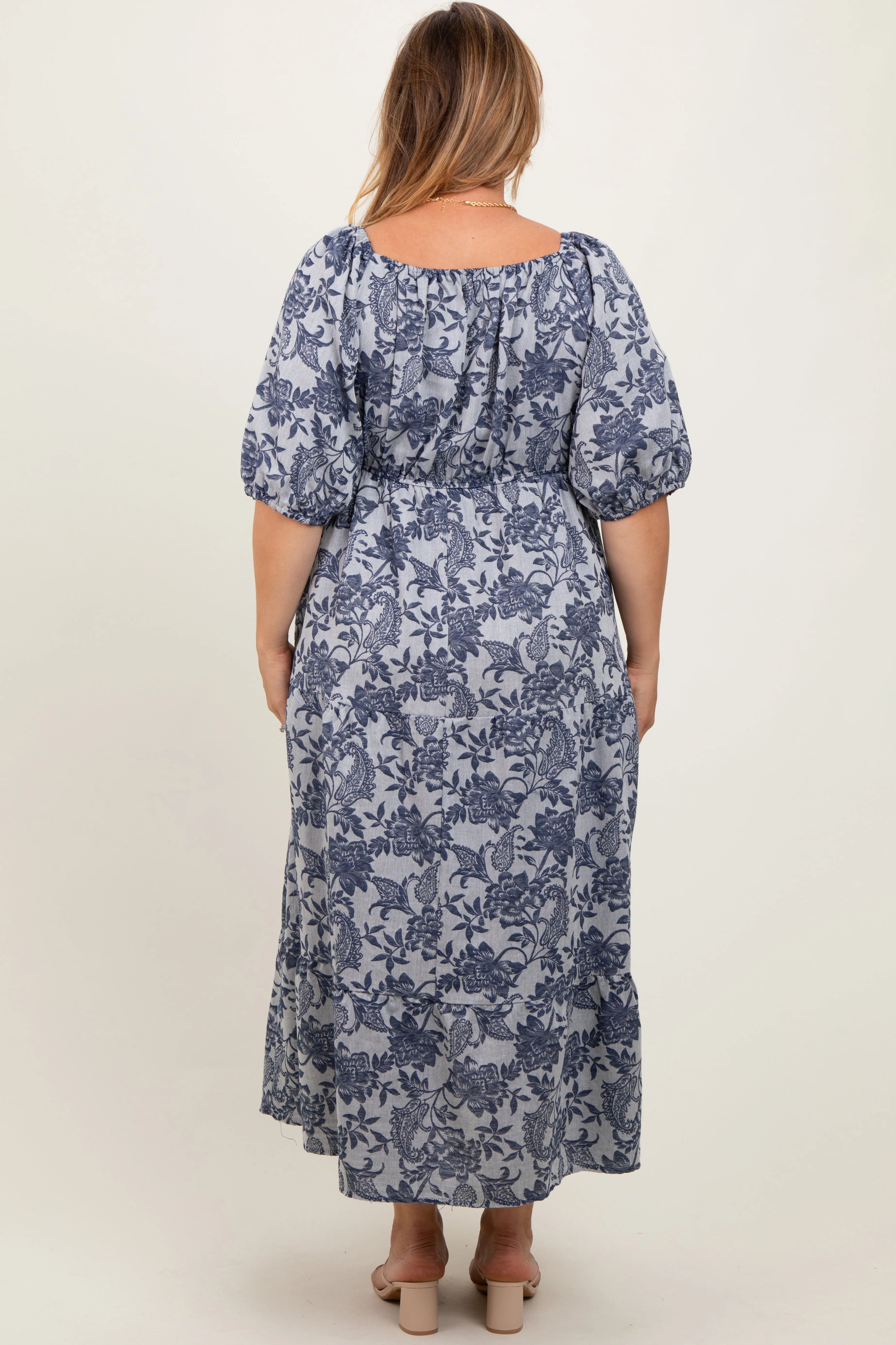 Navy Floral Tiered Puff Sleeve Maternity Plus Midi Dress sold by Pinkblush product image thumbnail 4