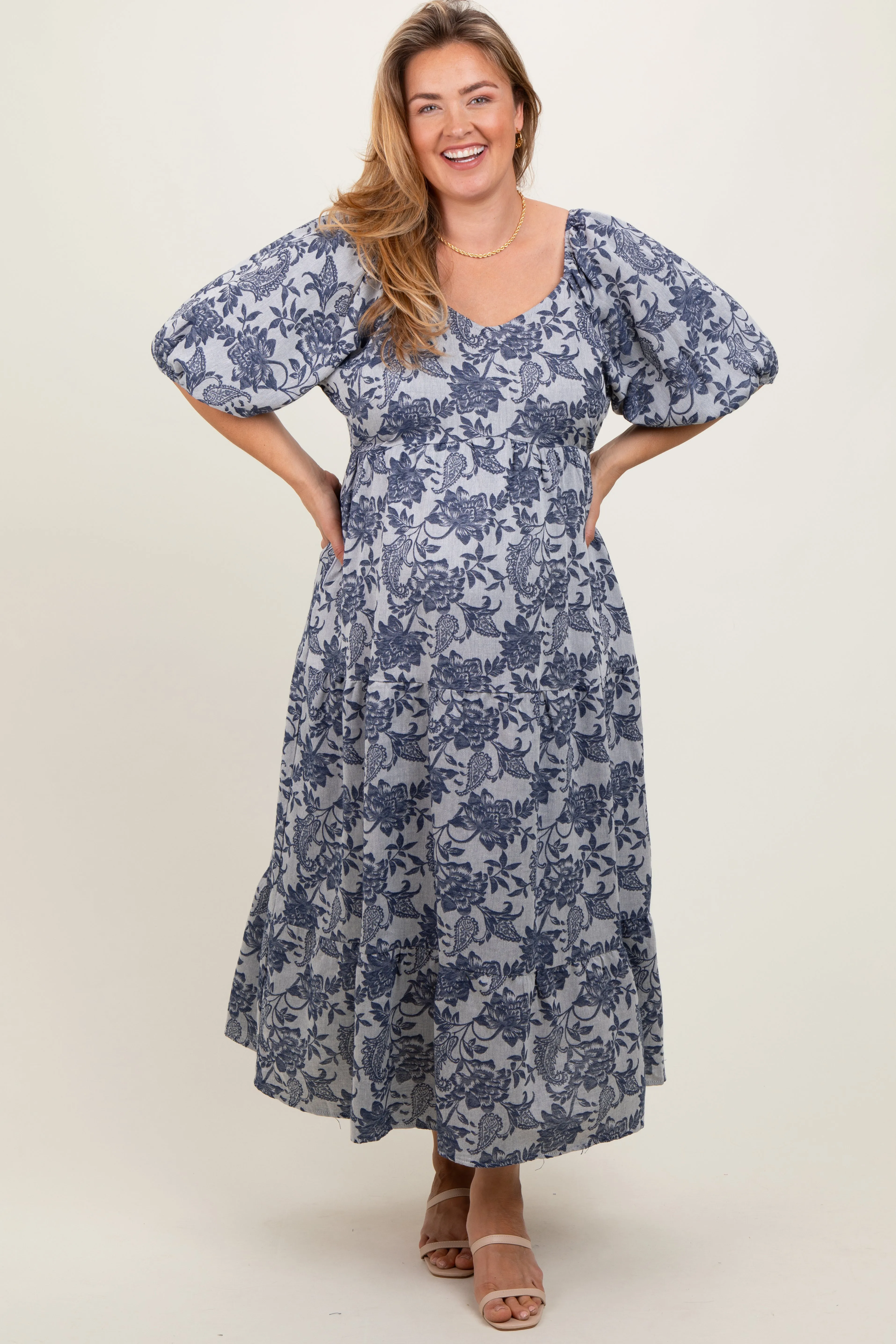 Navy Floral Tiered Puff Sleeve Maternity Plus Midi Dress sold by Pinkblush product image thumbnail 2