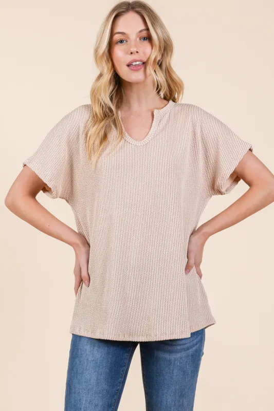 Beige Ribbed Notched Neckline Top sold by Pinkblush