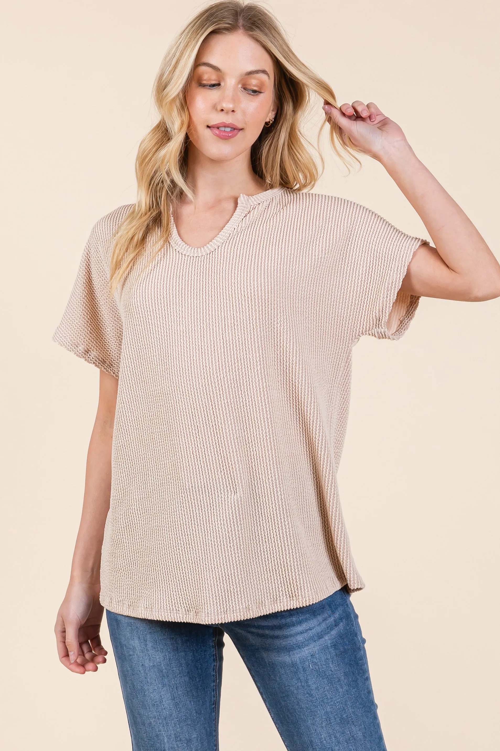 Beige Ribbed Notched Neckline Top sold by Pinkblush product image thumbnail 2