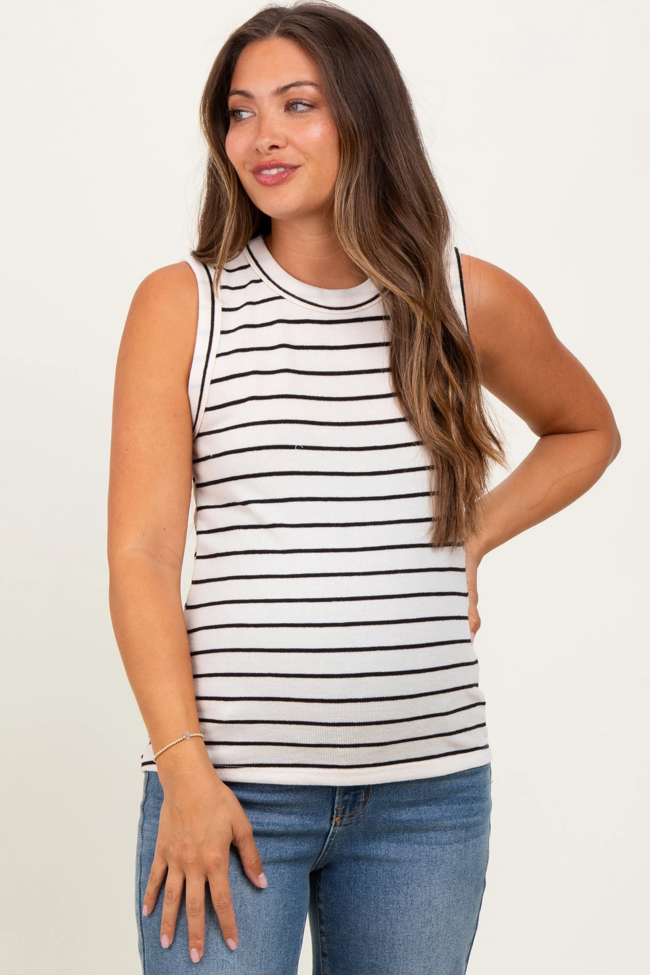 Ivory/Black Stripe Knitted Maternity Tank Top sold by Pinkblush