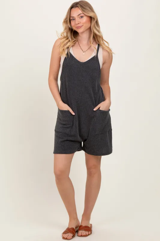Black Solid Ribbed V-Neck Sleeveless Front Pocket Romper sold by Pinkblush