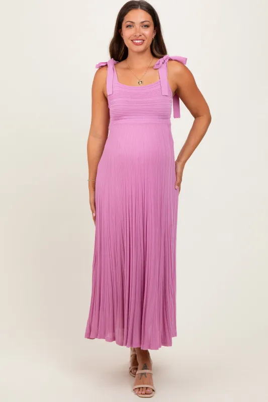 Mauve Textured Knit Shoulder Tie Maternity Midi Dress sold by Pinkblush