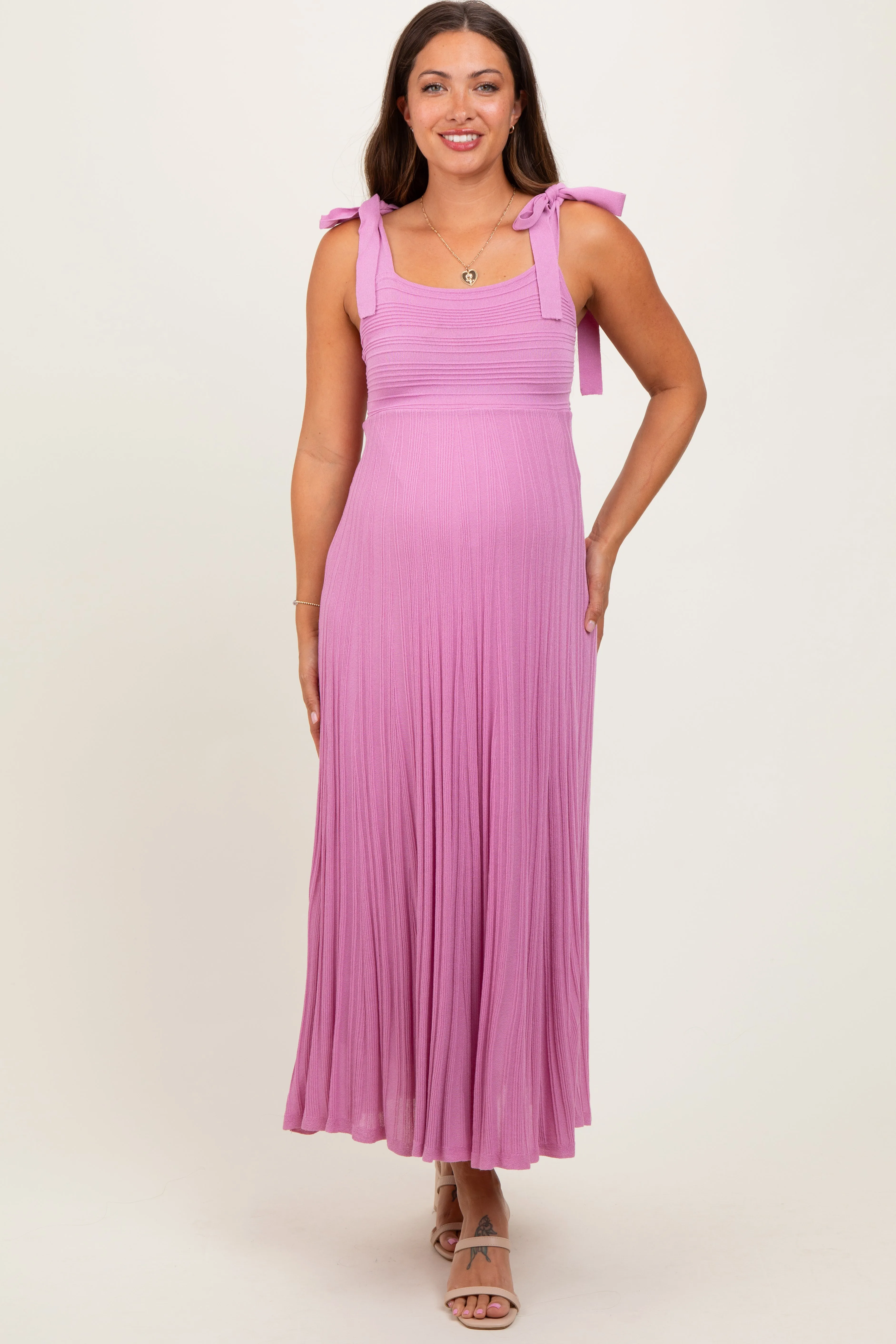 Mauve Textured Knit Shoulder Tie Maternity Midi Dress sold by Pinkblush