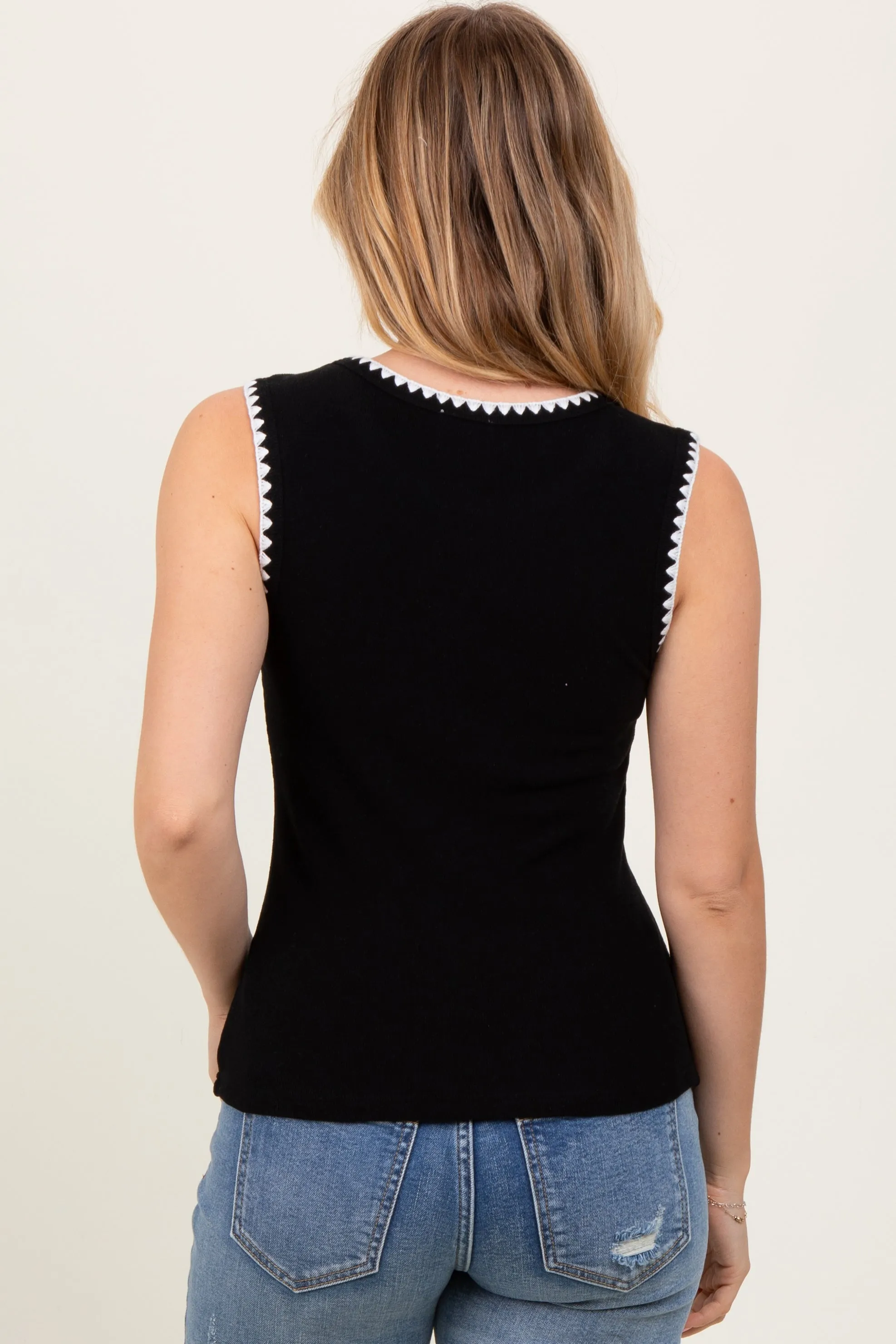 Black Ribbed Contrast Embroidered Sleeveless Top sold by Pinkblush product image thumbnail 4