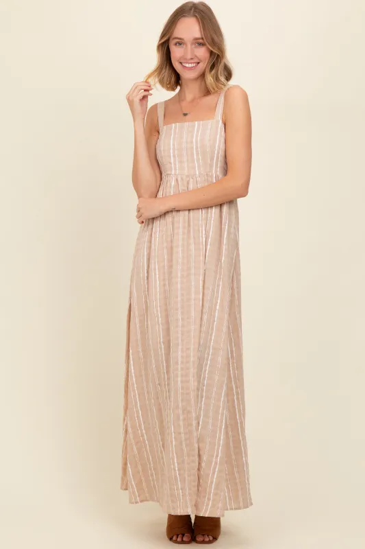 Beige Striped Back Cut Out Maxi Dress sold by Pinkblush
