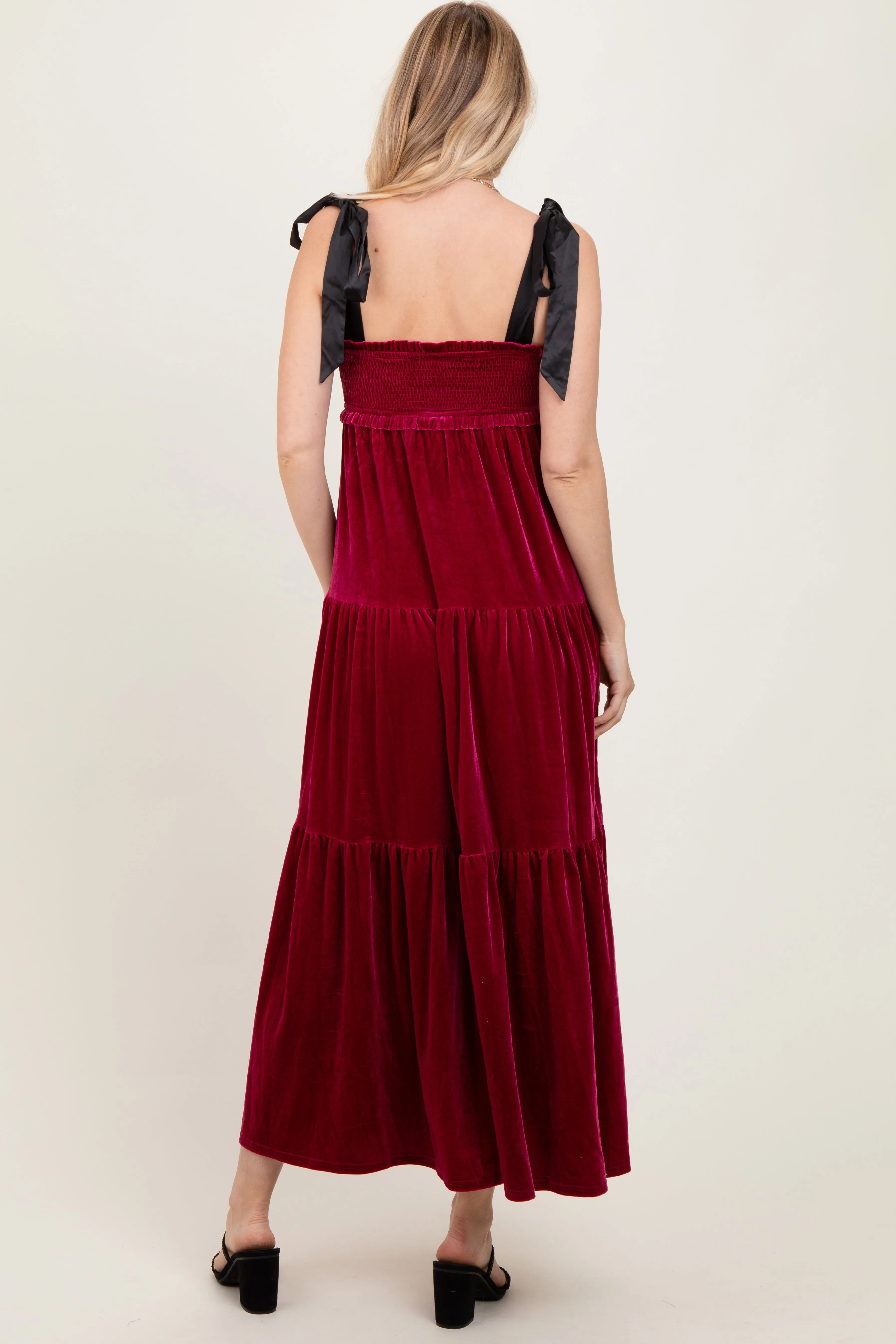 Burgundy Velvet Smocked Satin Shoulder Tie Maxi Dress sold by Pinkblush product image thumbnail 4