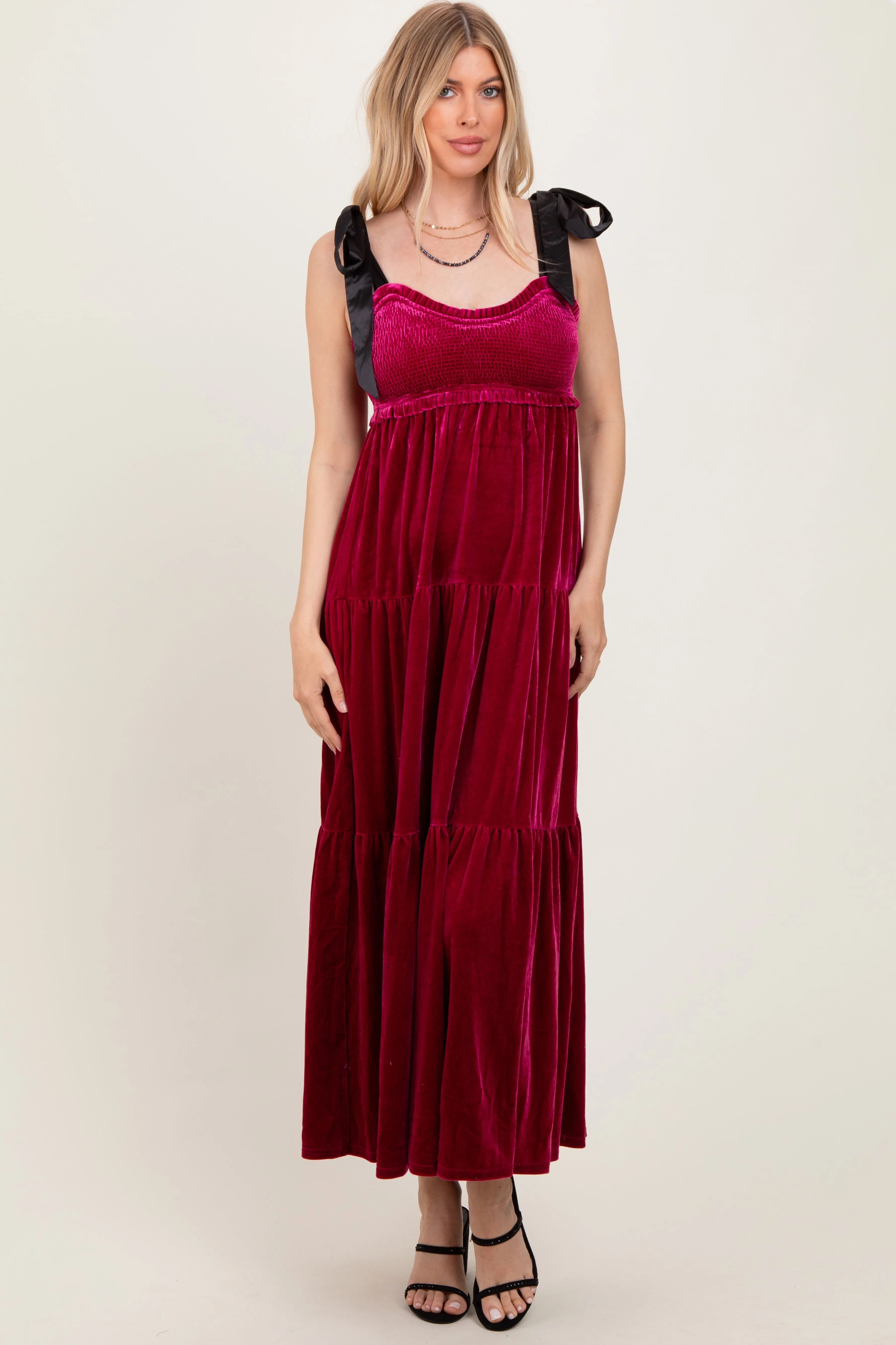 Burgundy Velvet Smocked Satin Shoulder Tie Maxi Dress sold by Pinkblush product image thumbnail 2