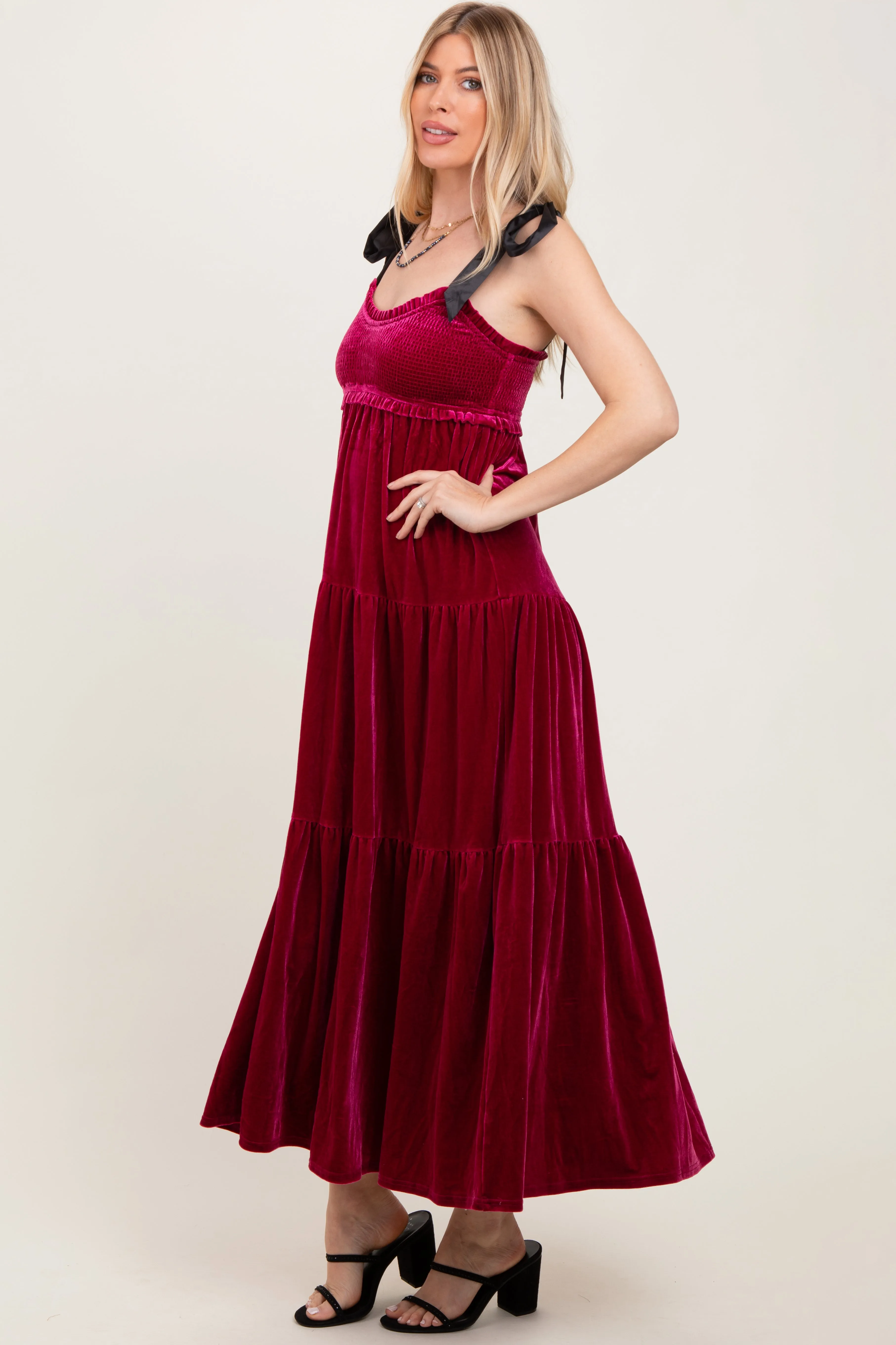 Burgundy Velvet Smocked Satin Shoulder Tie Maxi Dress sold by Pinkblush product image thumbnail 3