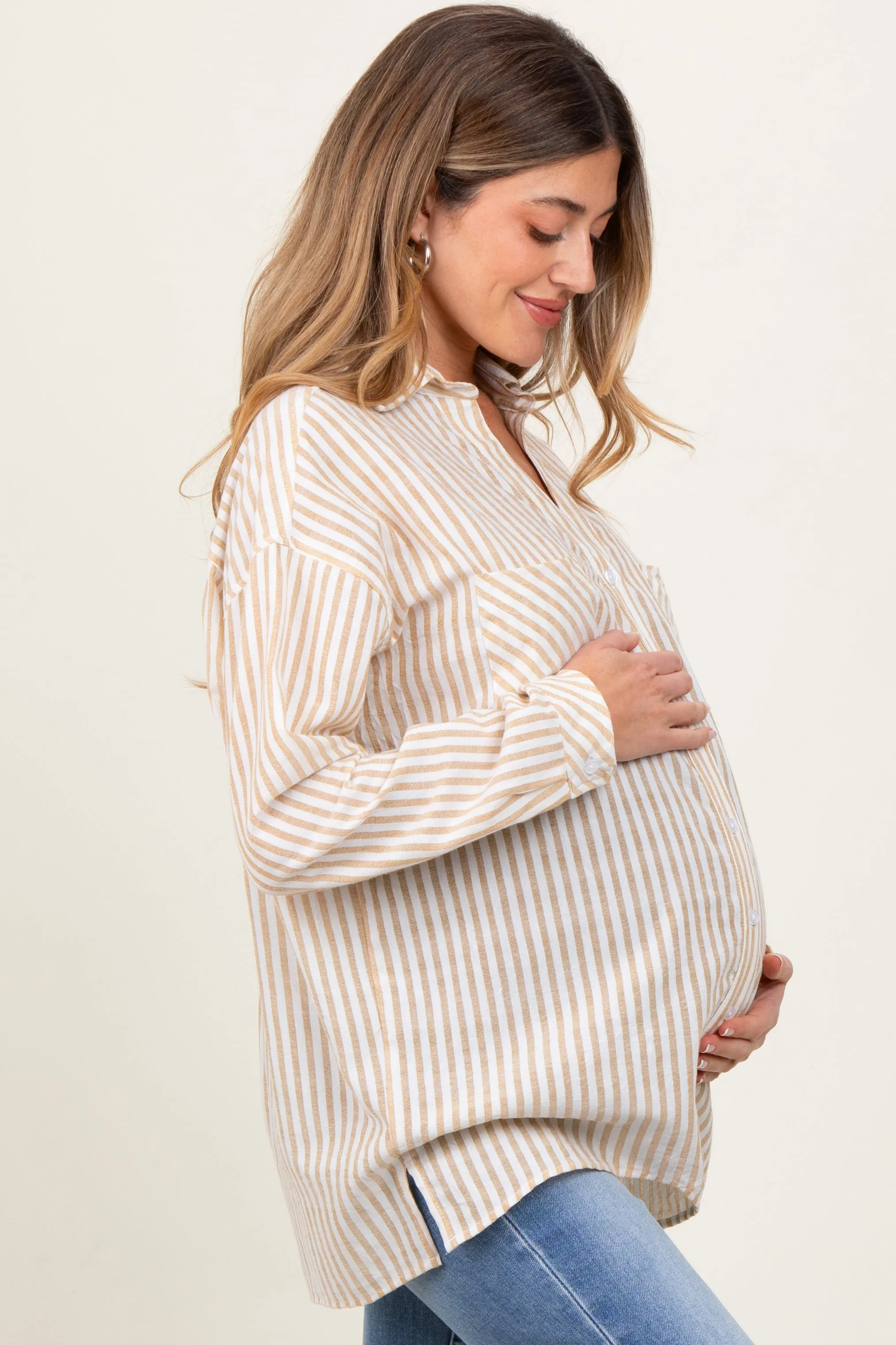 Dark Yellow Striped Double Pocket Maternity Button Down Top sold by Pinkblush product image thumbnail 3