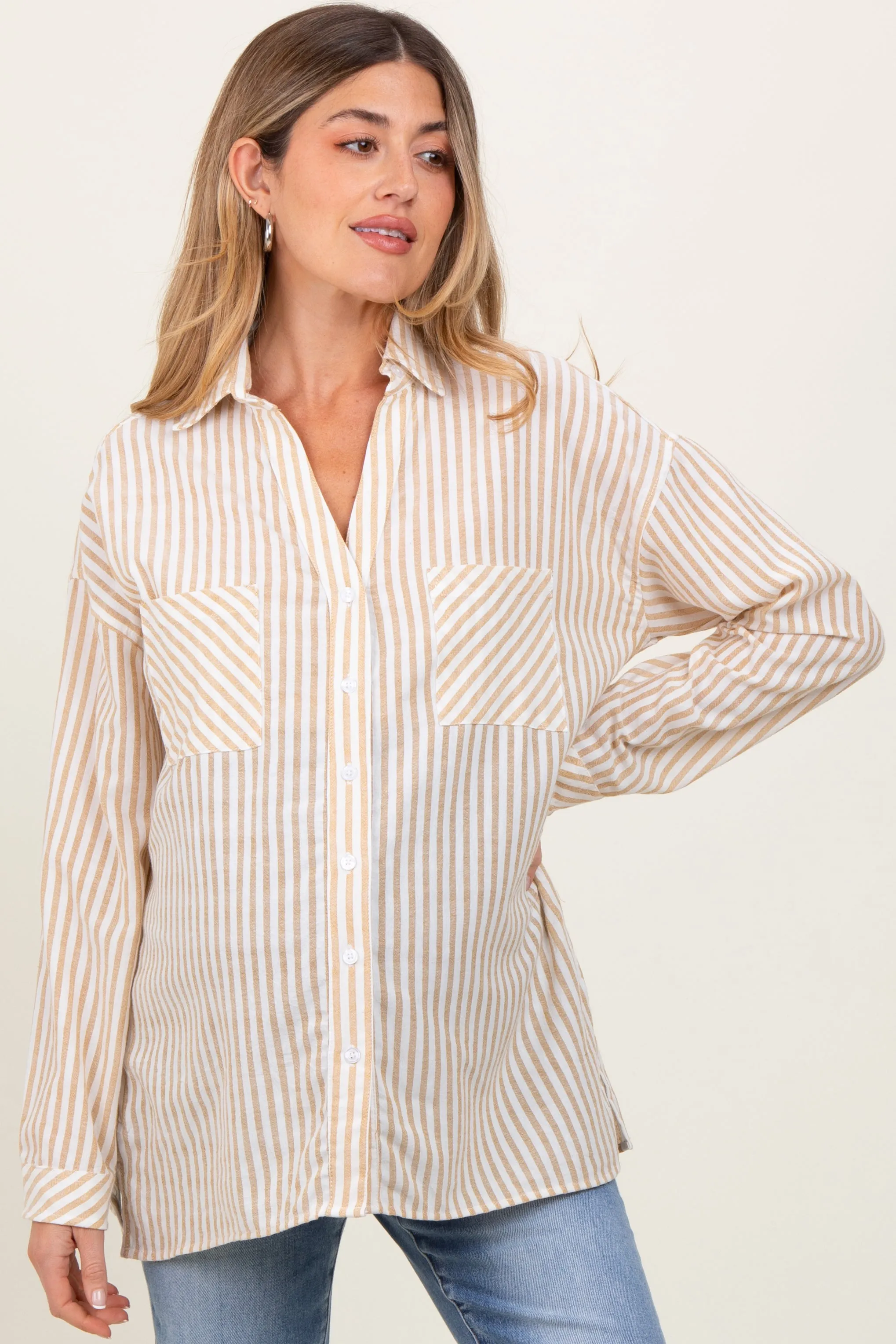 Dark Yellow Striped Double Pocket Maternity Button Down Top sold by Pinkblush