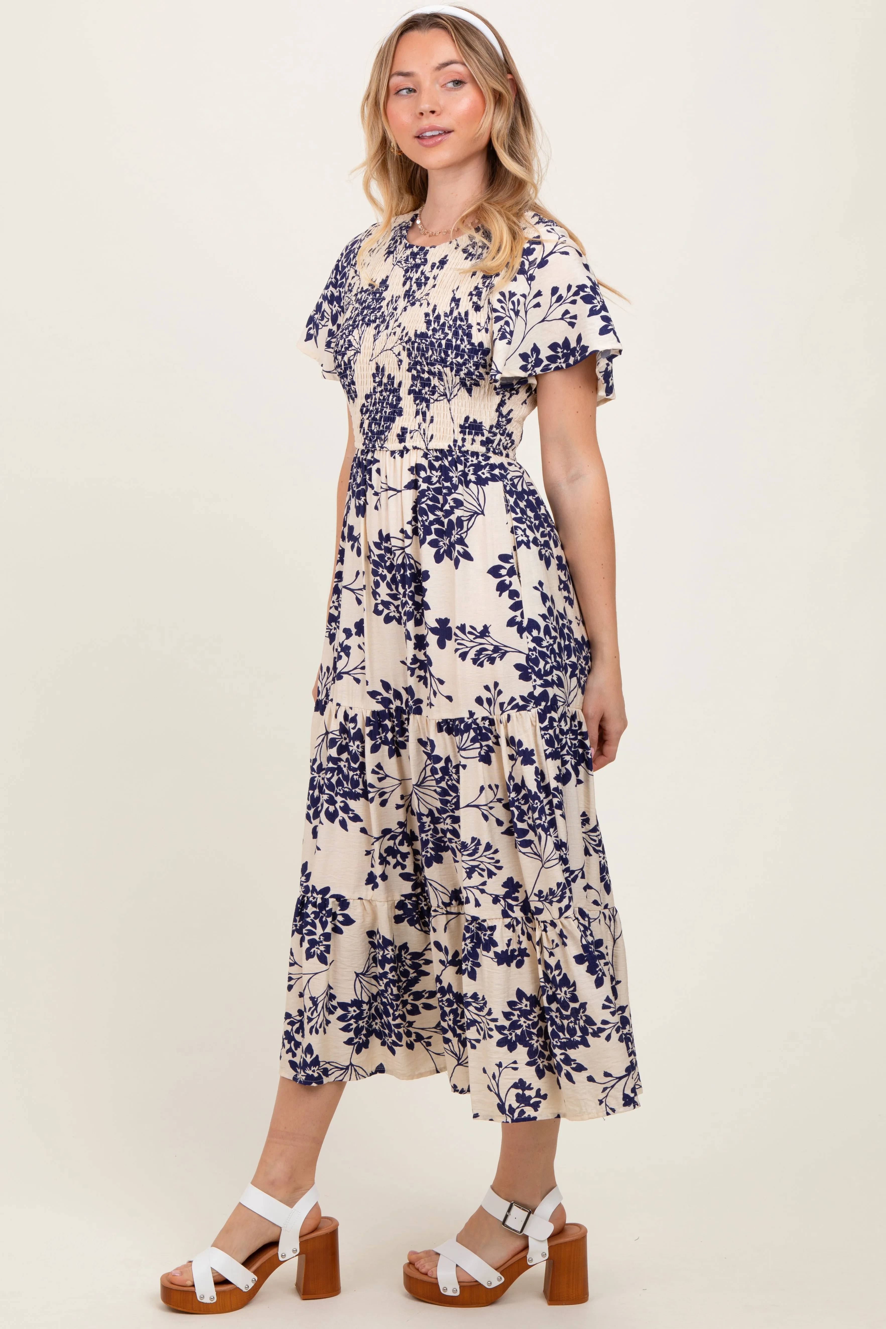 Navy Floral Smocked Ruffle Hem Midi Dress sold by Pinkblush product image thumbnail 3