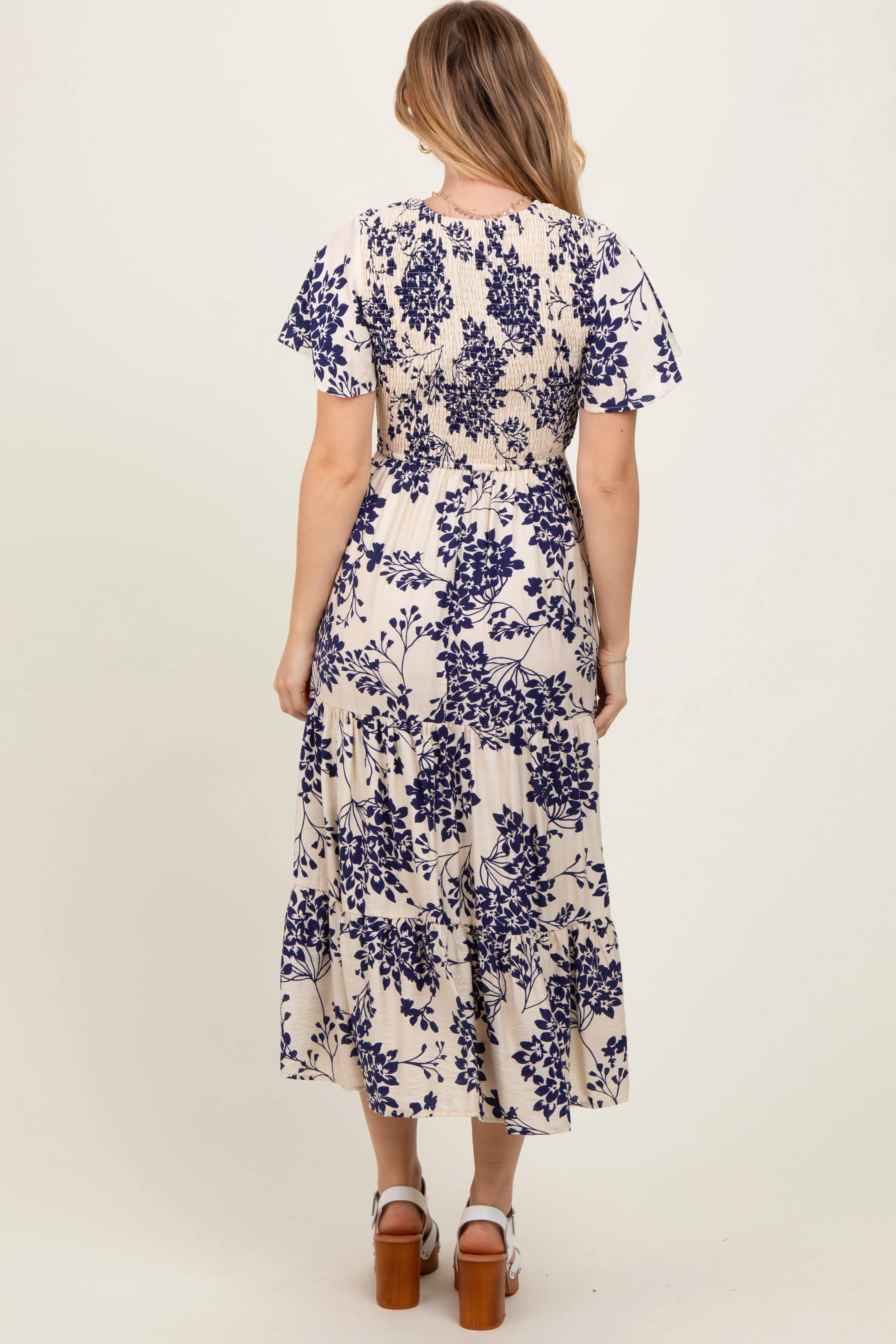 Navy Floral Smocked Ruffle Hem Midi Dress sold by Pinkblush product image thumbnail 4