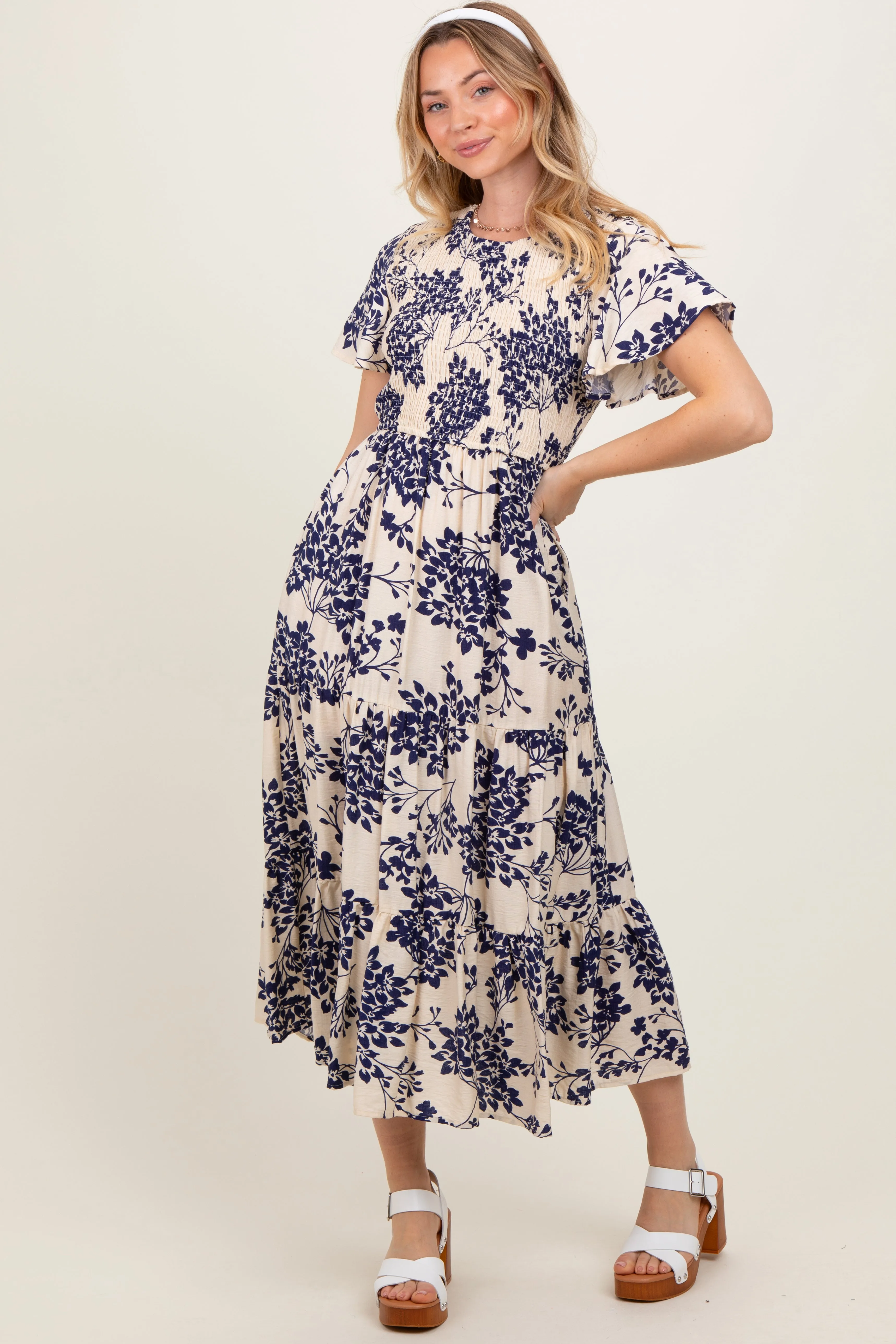 Navy Floral Smocked Ruffle Hem Midi Dress sold by Pinkblush product image thumbnail 2