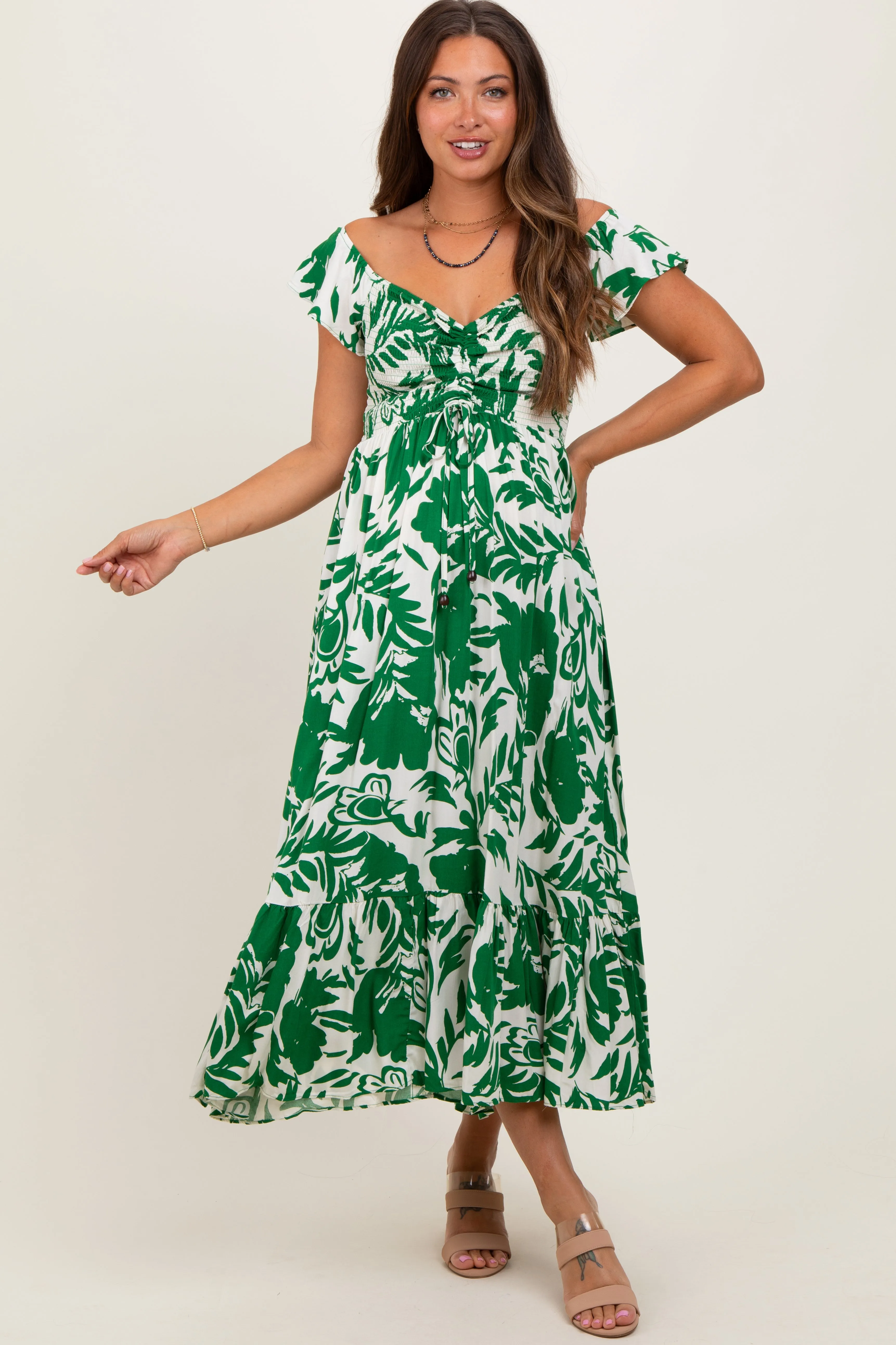 Green Cream Smocked Top Maternity Midi Dress sold by Pinkblush