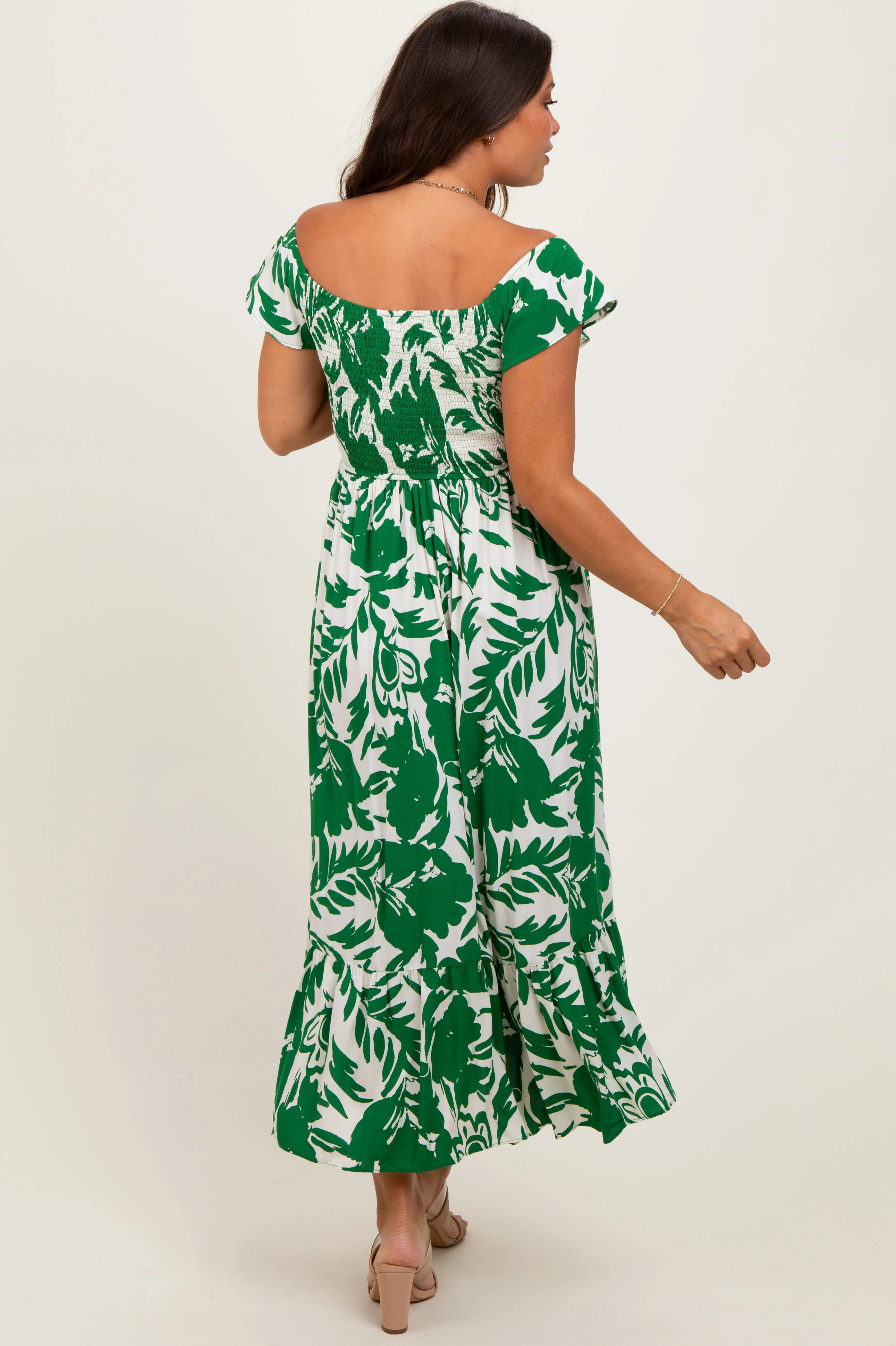 Green Cream Smocked Top Maternity Midi Dress sold by Pinkblush product image thumbnail 4