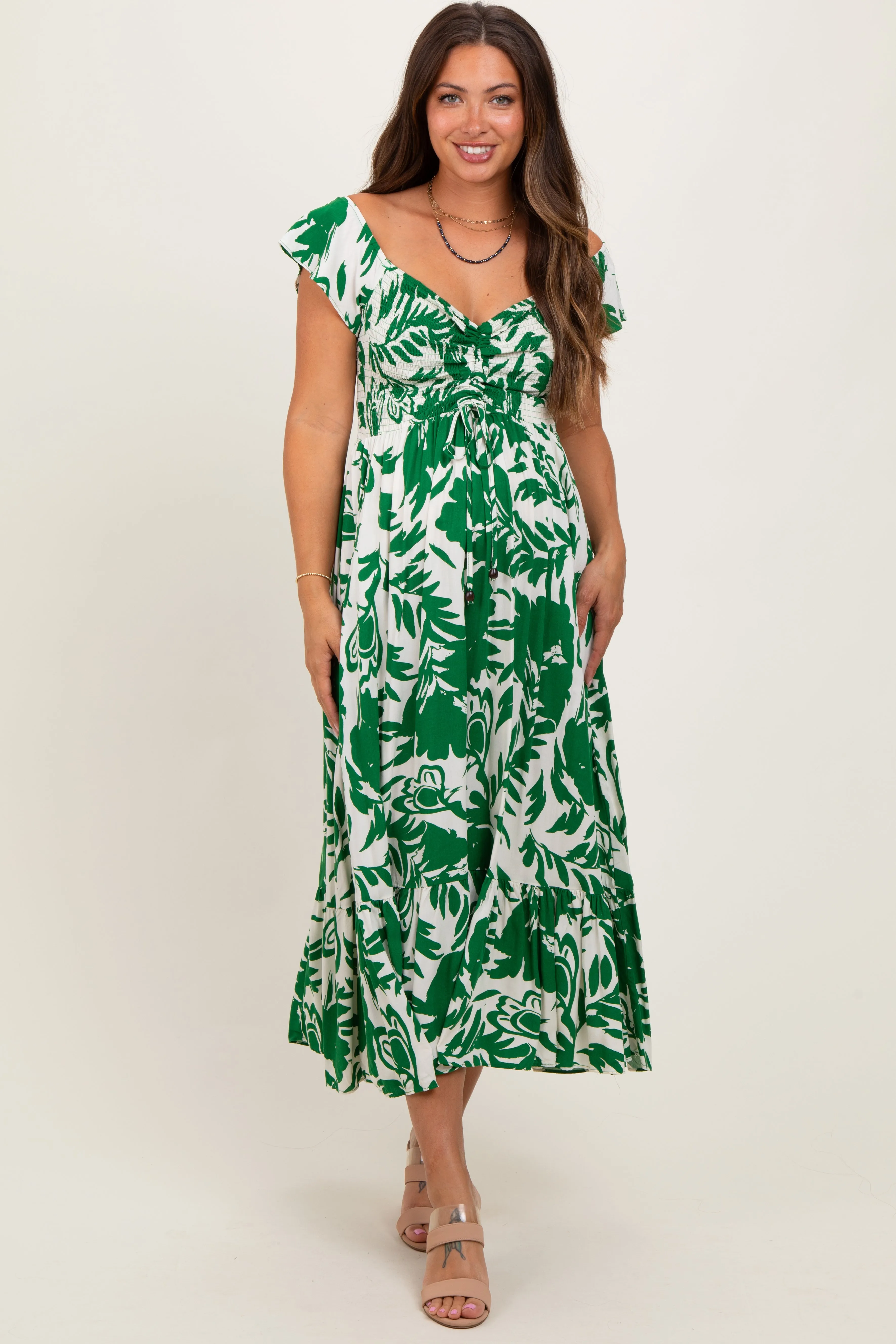 Green Cream Smocked Top Maternity Midi Dress sold by Pinkblush product image thumbnail 2