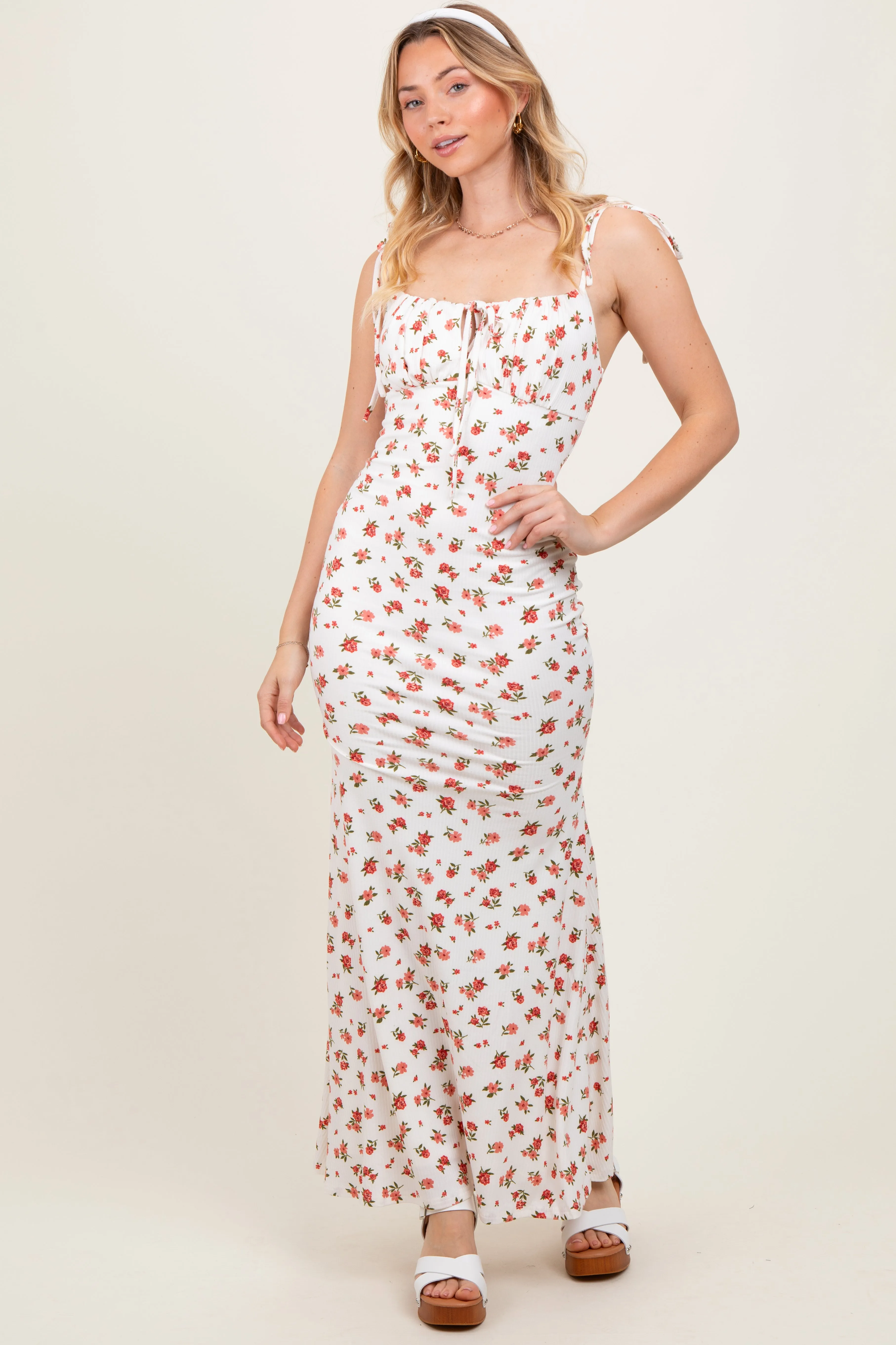 Red Ribbed Floral Shoulder Tie Maxi Dress sold by Pinkblush product image thumbnail 2