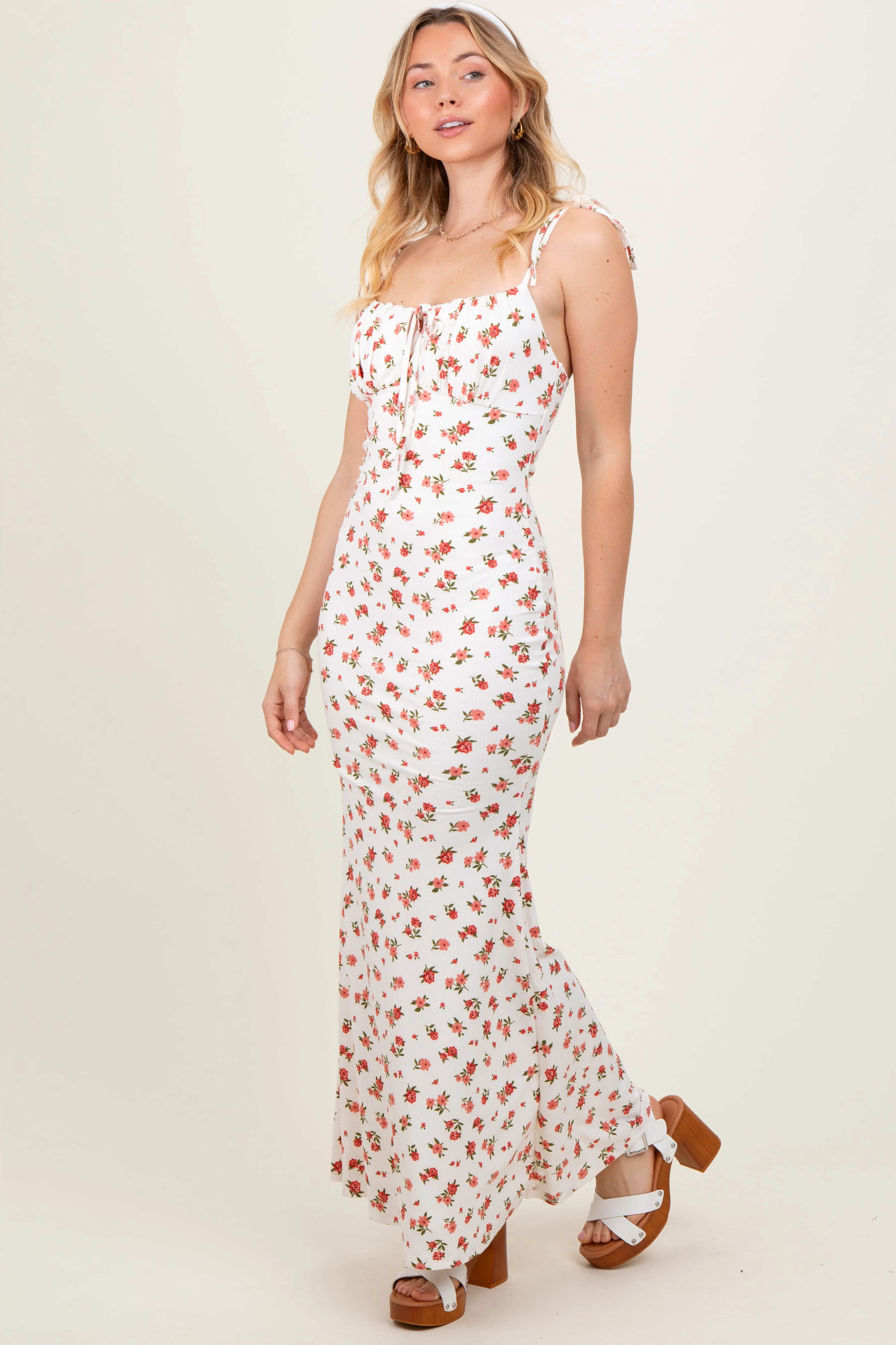 Red Ribbed Floral Shoulder Tie Maxi Dress sold by Pinkblush product image thumbnail 3