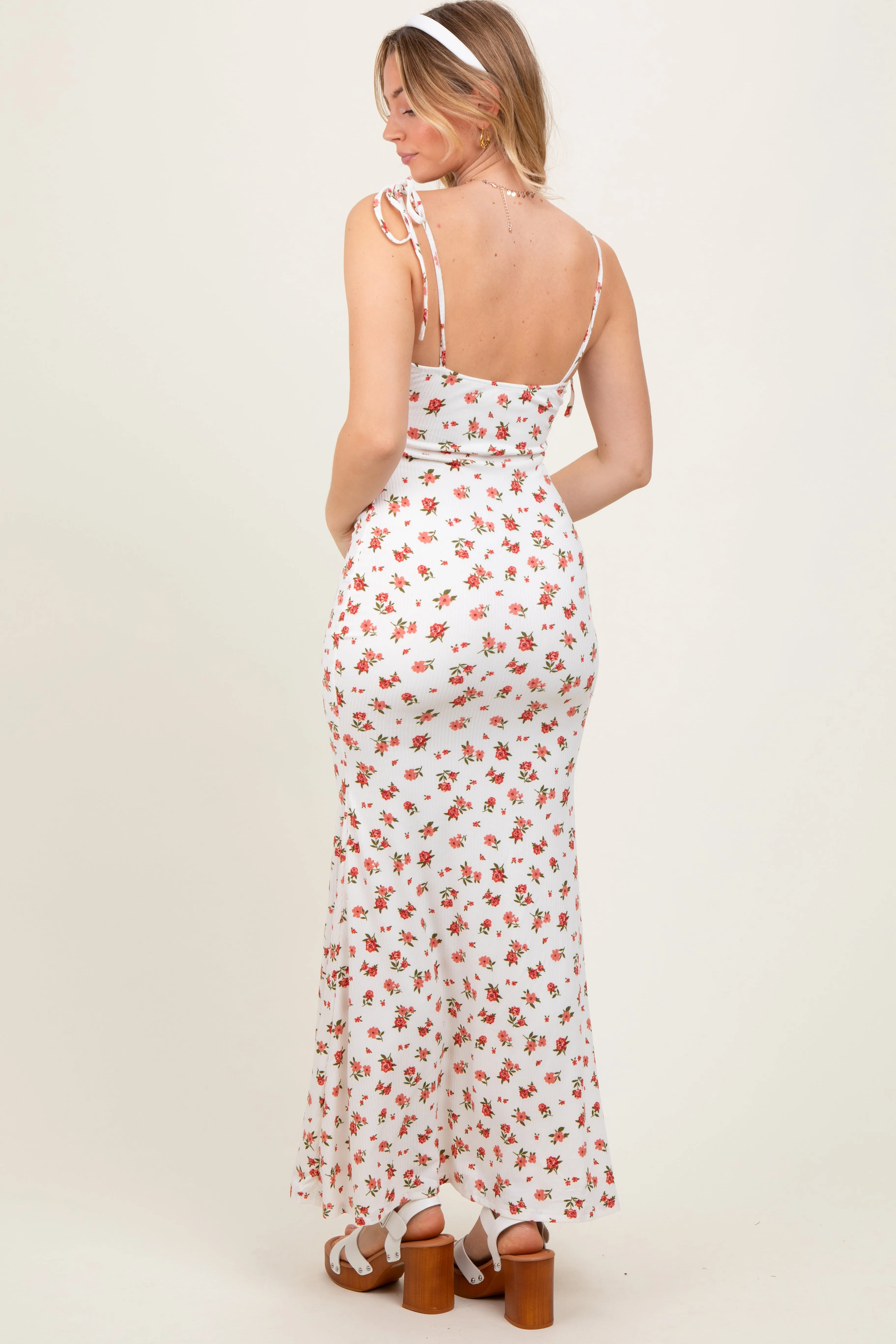 Red Ribbed Floral Shoulder Tie Maxi Dress sold by Pinkblush product image thumbnail 4